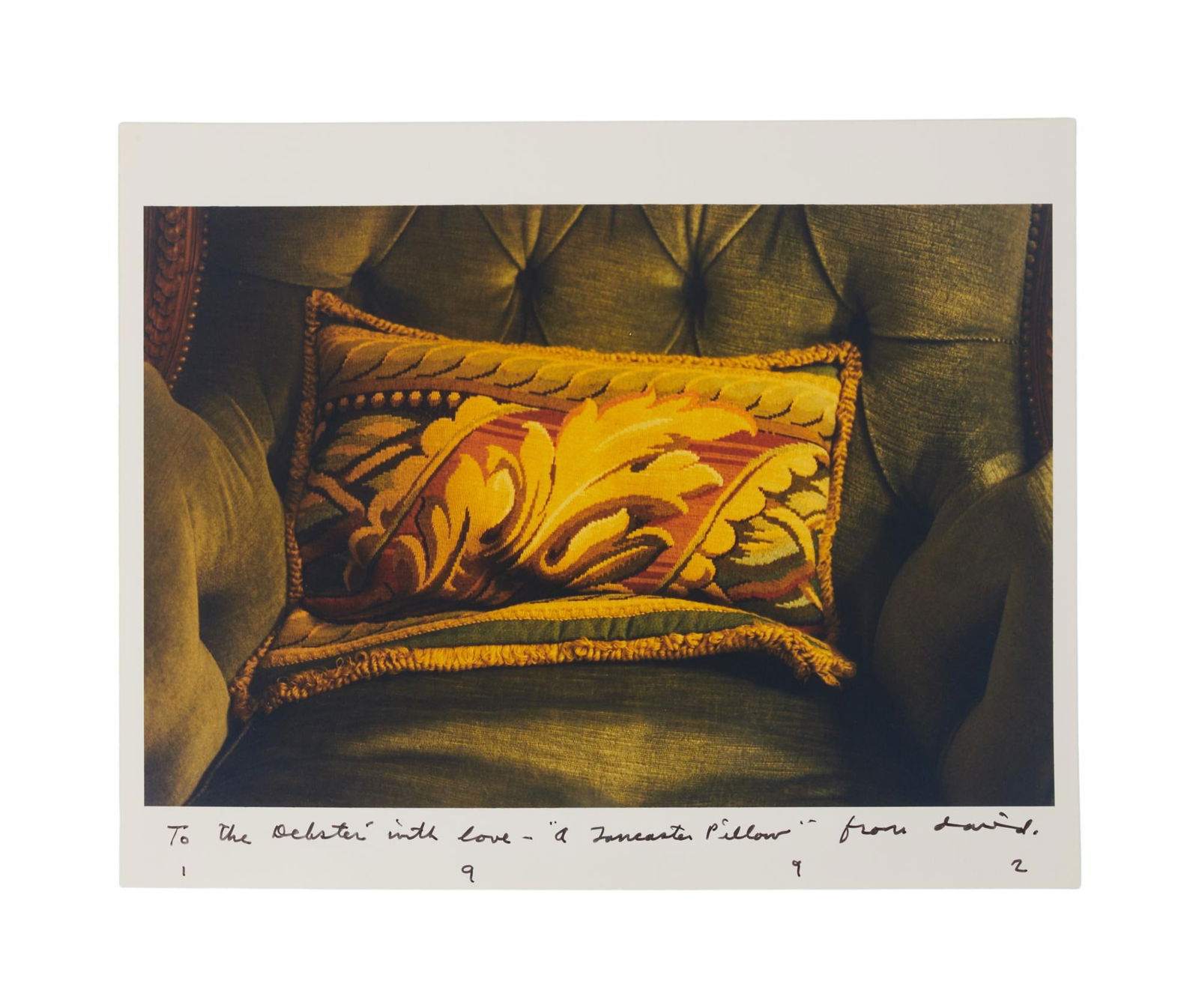 David Lynch | Signed 1992 "Lancaster Pillow" Photo Print: A photographic print of a pillow at the Hotel Lancaster, with a handwritten inscription in black marker pen by David Lynch for his longtime former assistant, Debby Trutnik. The inscription reads, &quo