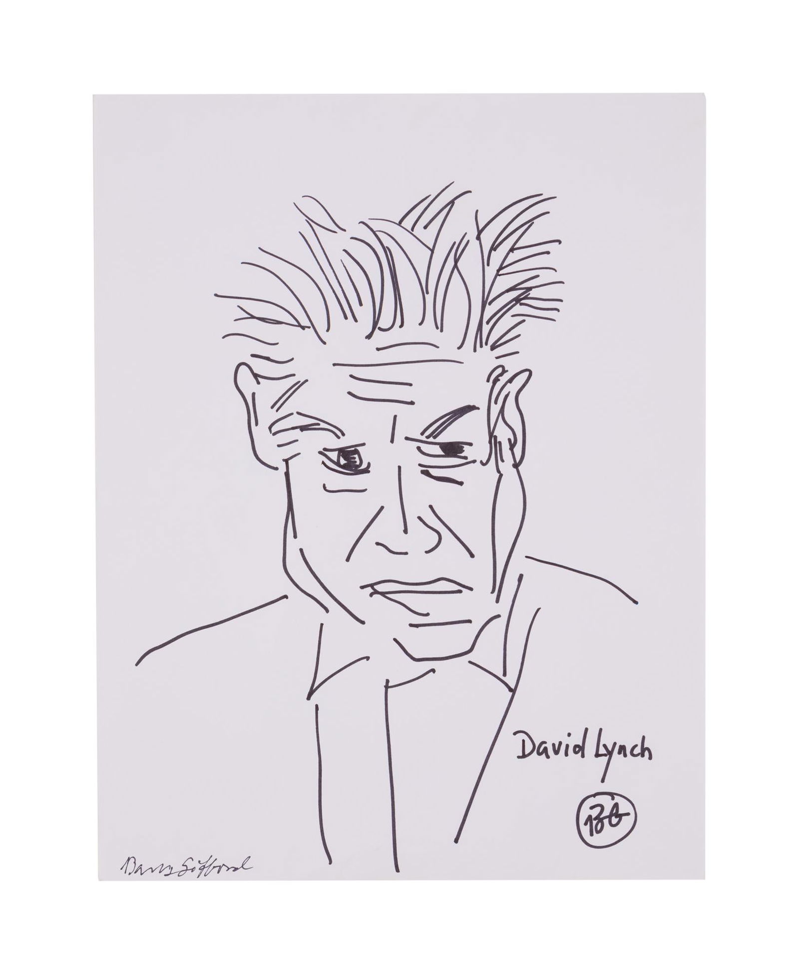 David Lynch | Original Portrait Drawing by Barry Gifford: An original felt pen on paper portrait of David Lynch by his friend and collaborator Barry Gifford. Gifford's signature present in the lower left as well as his initials "BG" circled in