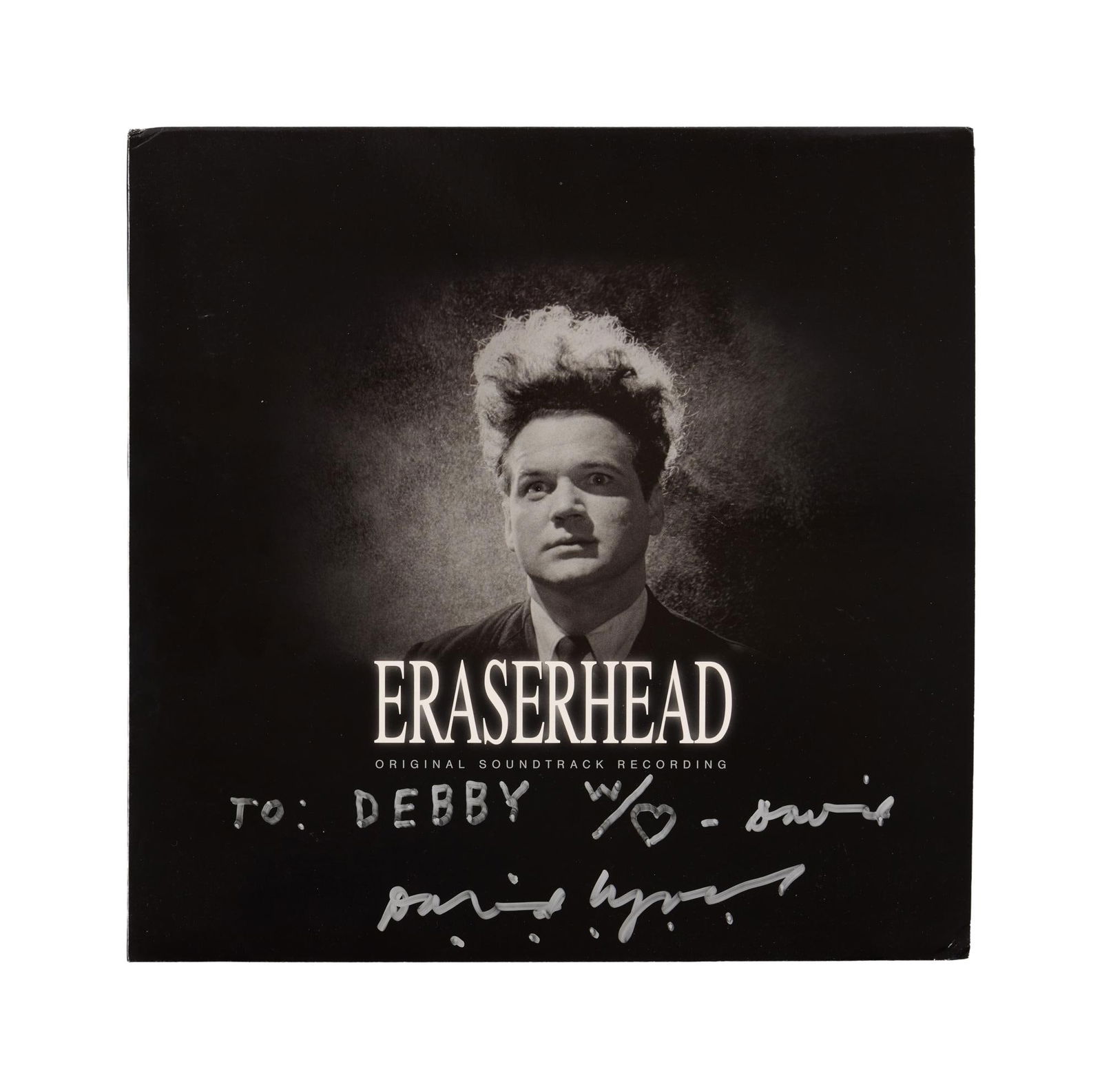 David Lynch | Signed "Eraserhead" Soundtrack Vinyl: A vinyl record containing the soundtrack to the David Lynch film Eraserhead (Libra Films, 1977), distributed by Sacred Bones Records in 2012. The front of the record features a handwritten i