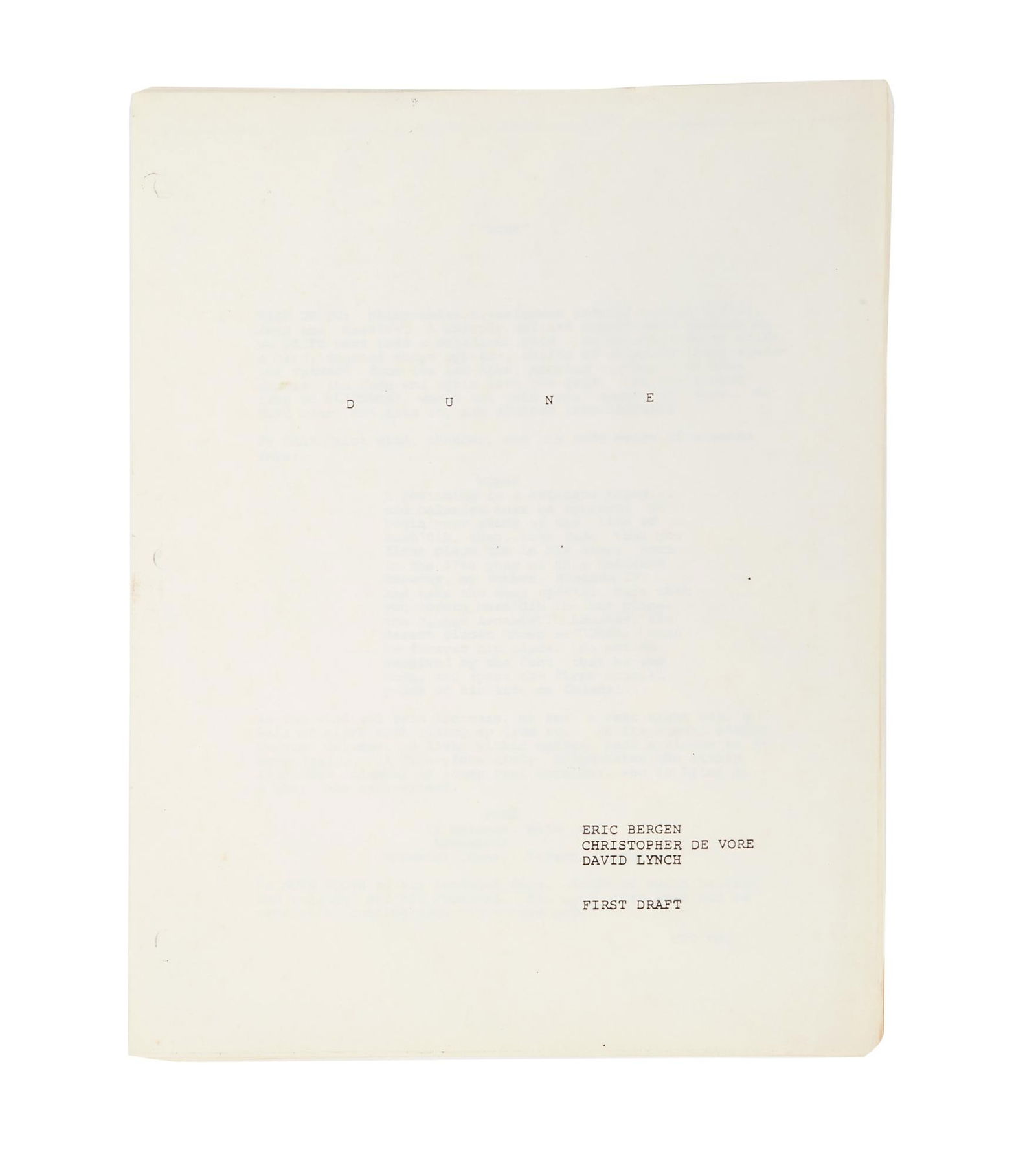 Dune | First Draft Production Script Copy: An undated vintage copy of the first draft production script for David Lynch's Dune (Dino de Laurentiis Corporation, 1984). The loose leaf copy's title page reads: "DUNE" a