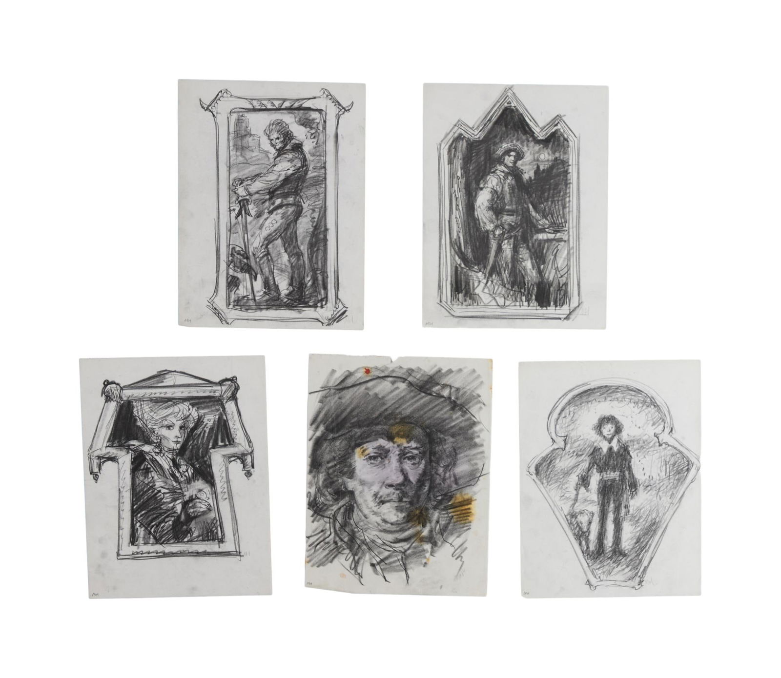 Dune | Mentor Huebner Group of Concept Artwork (5): A group of five (5) original Mentor Huebner concept drawings from the production of the David Lynch film, Dune (Dino de Laurentiis Corporation, 1984). The drawings are executed in charcoal a