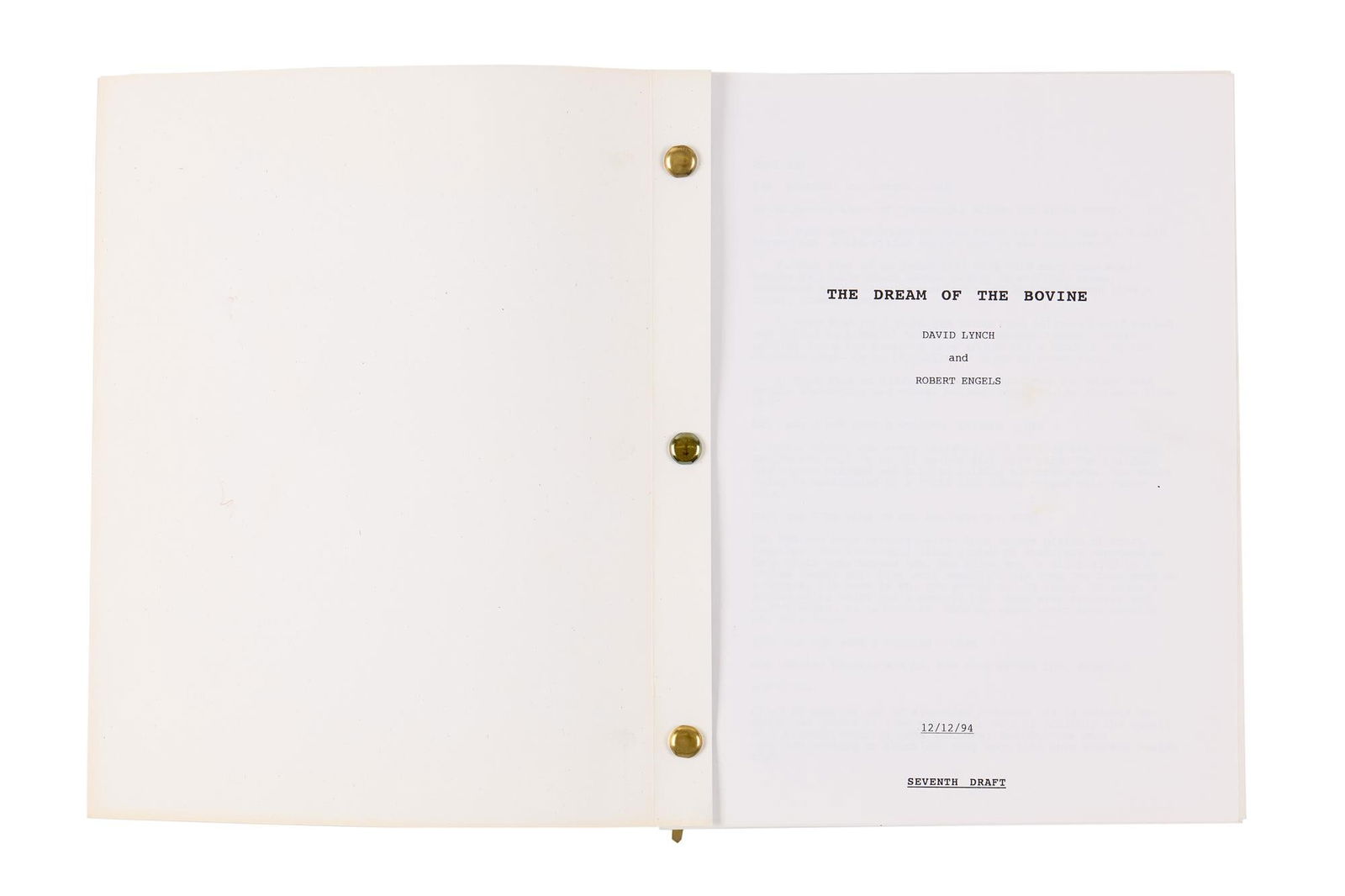 David Lynch | Harry Dean Stanton's Personal Script of Unproduced "The Dream of the Bovine": Harry Dean Stanton's personal copy of the screenplay "The Dream of the Bovine," co-written by David Lynch and Robert Engels. This is the seventh draft, dated 12/12/94. The script contain