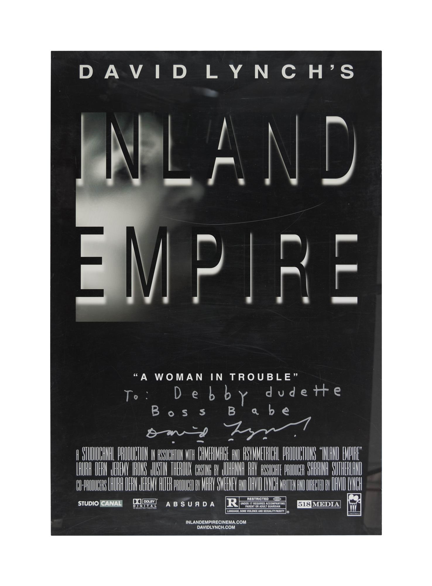 David Lynch | Signed "Inland Empire" Poster: An original theatrical one-sheet poster for David Lynch's film Inland Empire (). The poster is signed and inscribed by Lynch in silver-tone marker for his longtime former assistant, Debb