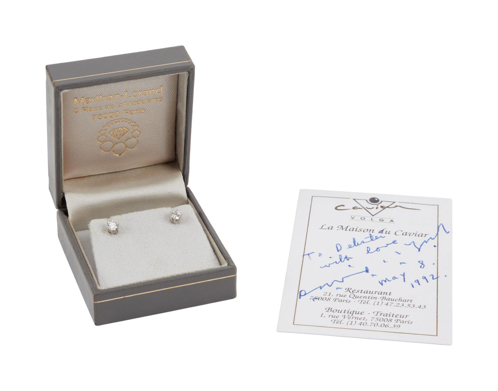 David Lynch | Gifted Diamond Earrings with Signed Note: A pair of diamond stud earrings from Marthan-Lorand in Paris, gifted from David Lynch to his longtime former assistant, Debby Trutnik. With original box. Accompanied by a small card from La Maiso