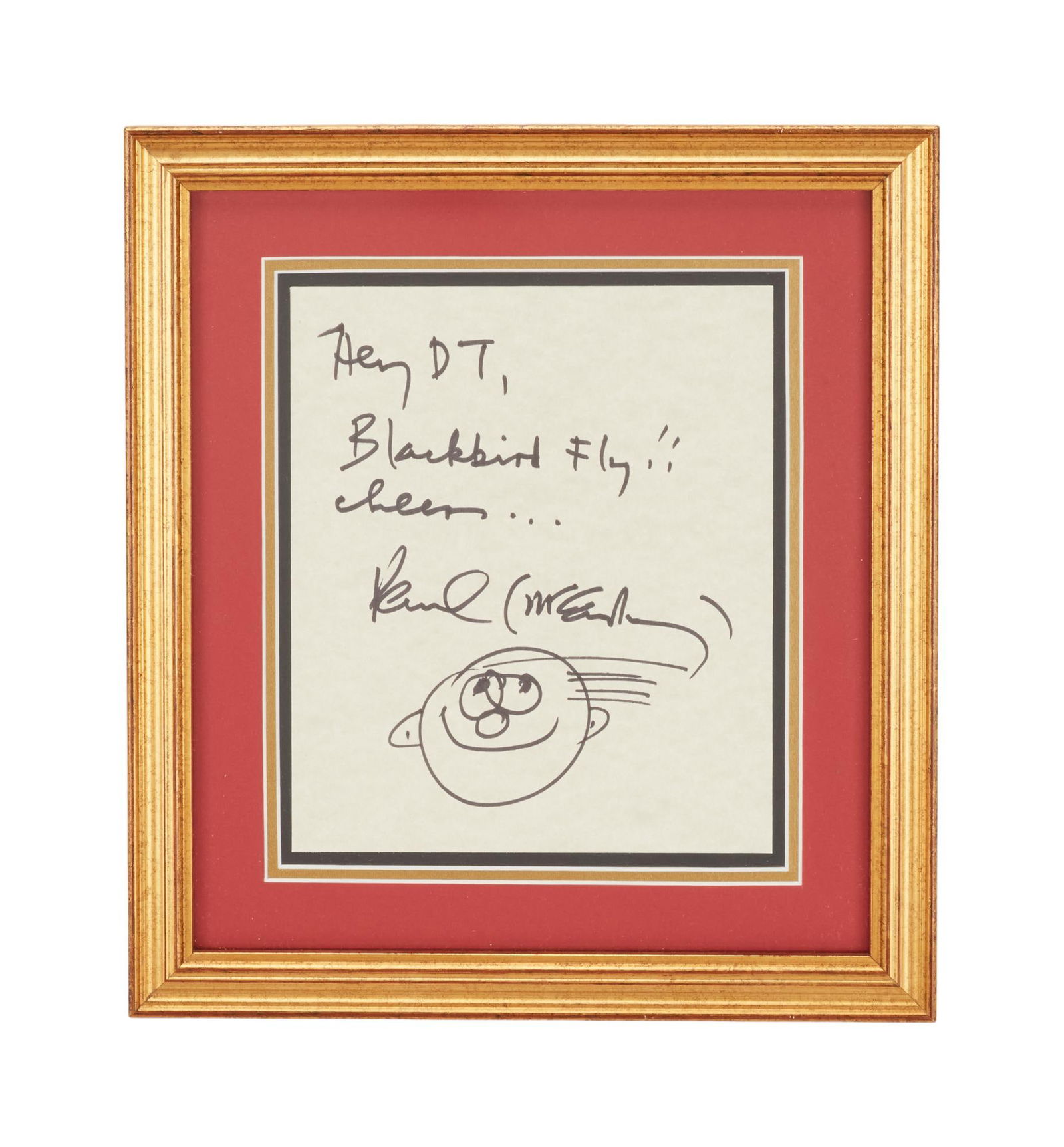 David Lynch | Paul McCartney Signed Page with DL Foundation Poster and Ephemera: A framed page signed in black marker by Paul McCartney for David Lynch's longtime former assistant, Debby Trutnik. The handwriting on the page reads, "Hey DT, / Blackbird fly!! / Cheers... /