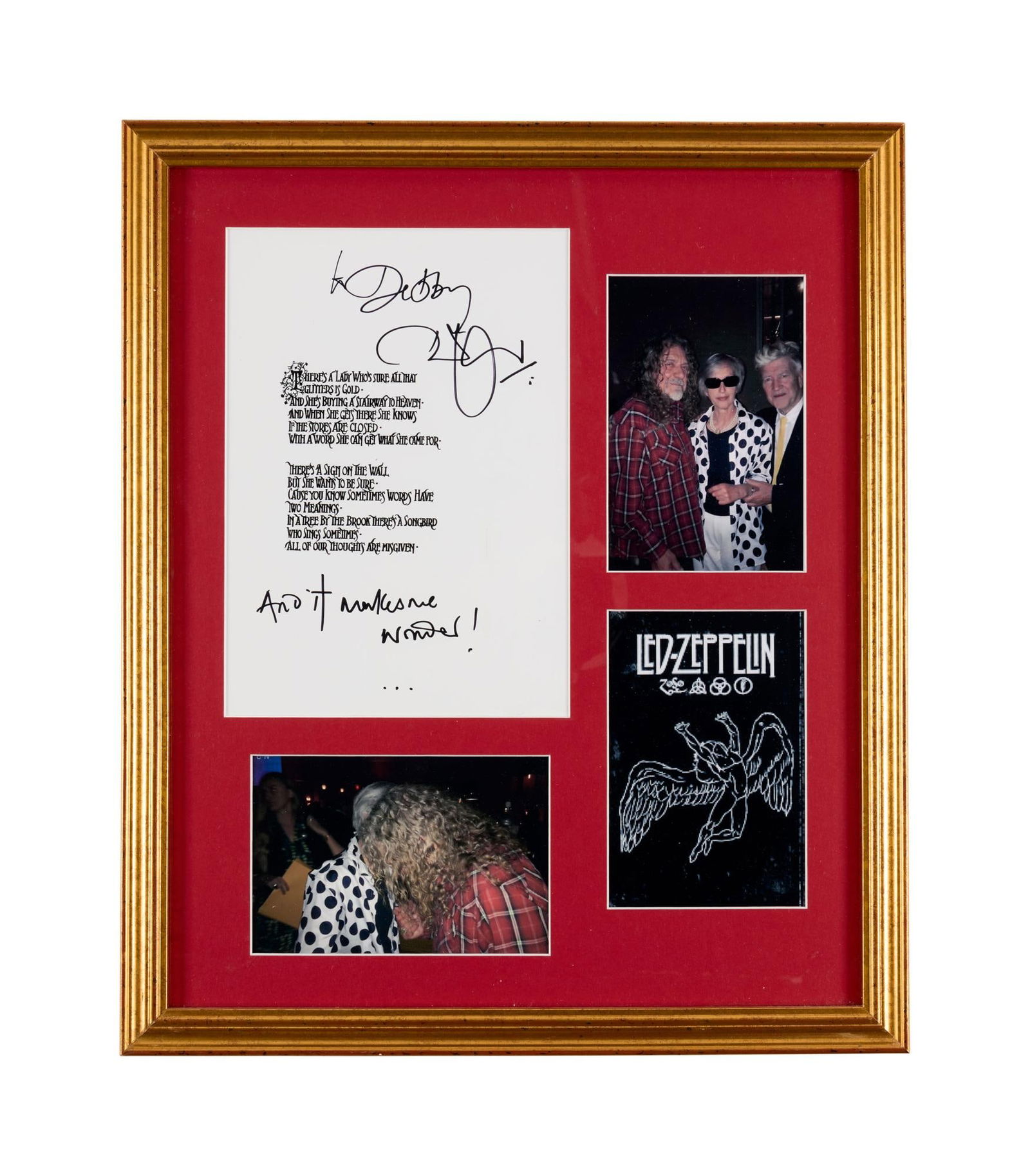 David Lynch | Robert Plant Signed "Stairway to Heaven" Lyric Page with Photos: A framed display featuring a printed lyric page for the Led Zeppelin song "Stairway to Heaven" inscribed and signed in black marker by Robert Plant for David Lynch's longtime former assi