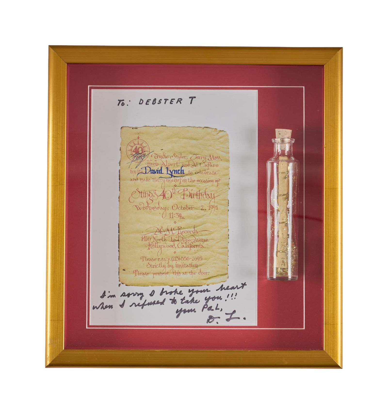 David Lynch | Signed "Sting's 40th Birthday Invitation" Display Case: A display case featuring a copy of an invitation to Sting's 40th Birthday party in 1991, inscribed and signed in black marker by David Lynch for his longtime former assistant, Debby Trutnik. The i