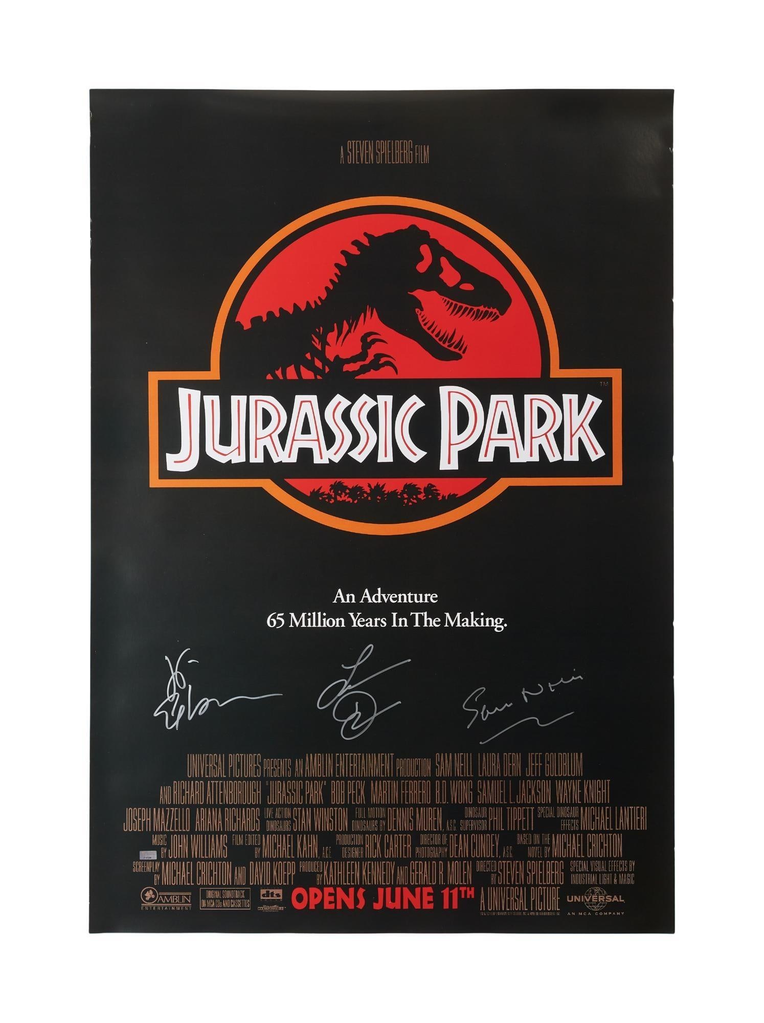 Jurassic Park | Cast-Signed Poster: A one-sheet poster signed by Jeff Goldblum, Laura Dern, and Sam Neill, related to the theatrical release of the film Jurassic Park (Universal Pictures, 1993). Accompanied by Certificates of Auth
