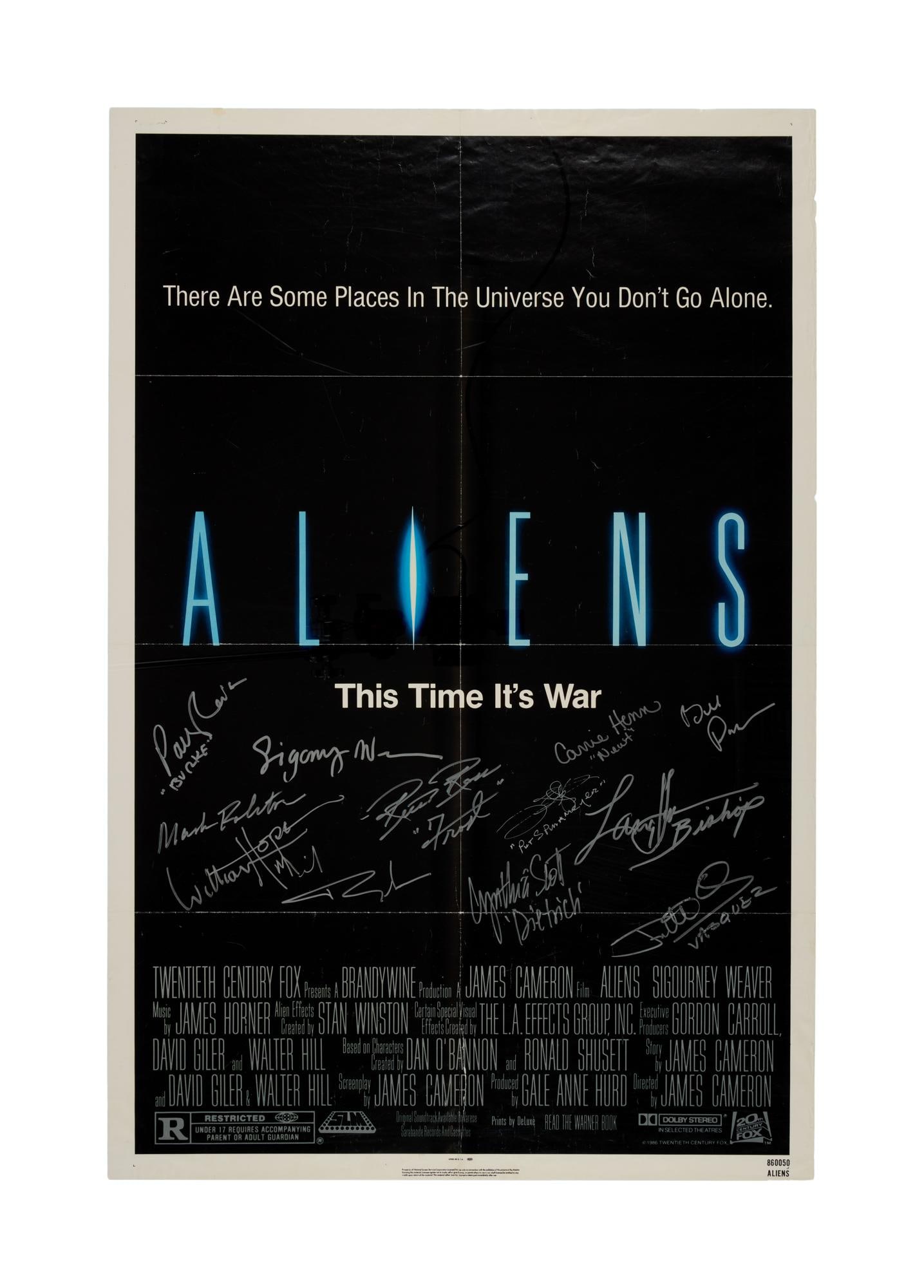 Aliens | Cast-Signed One-Sheet Film Poster: An original one-sheet poster from the film (20th Century Fox, 1986); with twelve signatures penned in silver felt-tip ink on the lower margin including (in alphabetical order): Jenette Goldstein (who