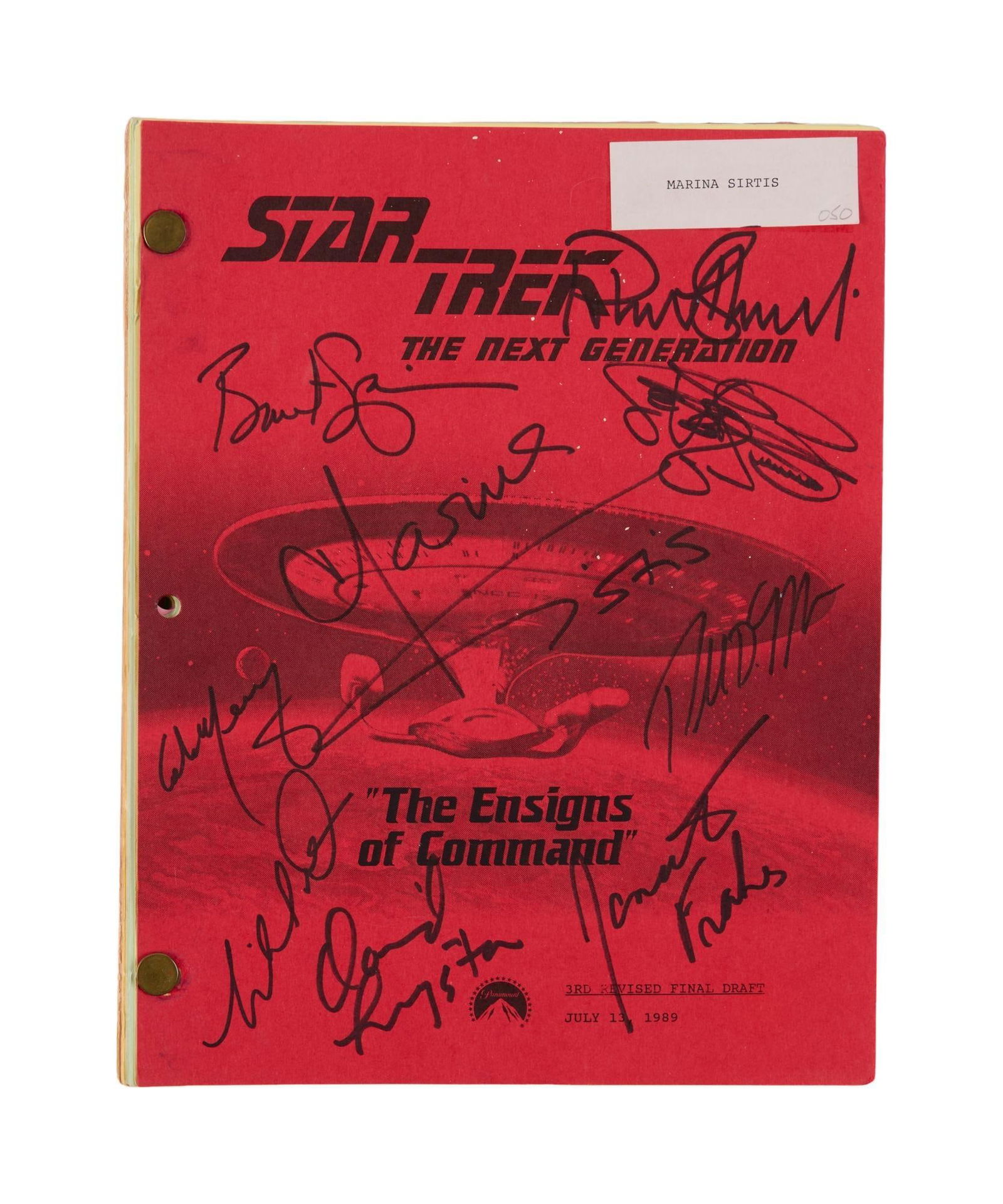 Star Trek: The Next Generation | Marina Sirtis' "The Ensigns of Command" Cast-Signed Script: Third Revised Final Draft script for "The Ensigns of Command" epsiode of Star Trek: The Next Generation (Paramount Television, 1987-1994), written by Melinda M. Snodgrass and&