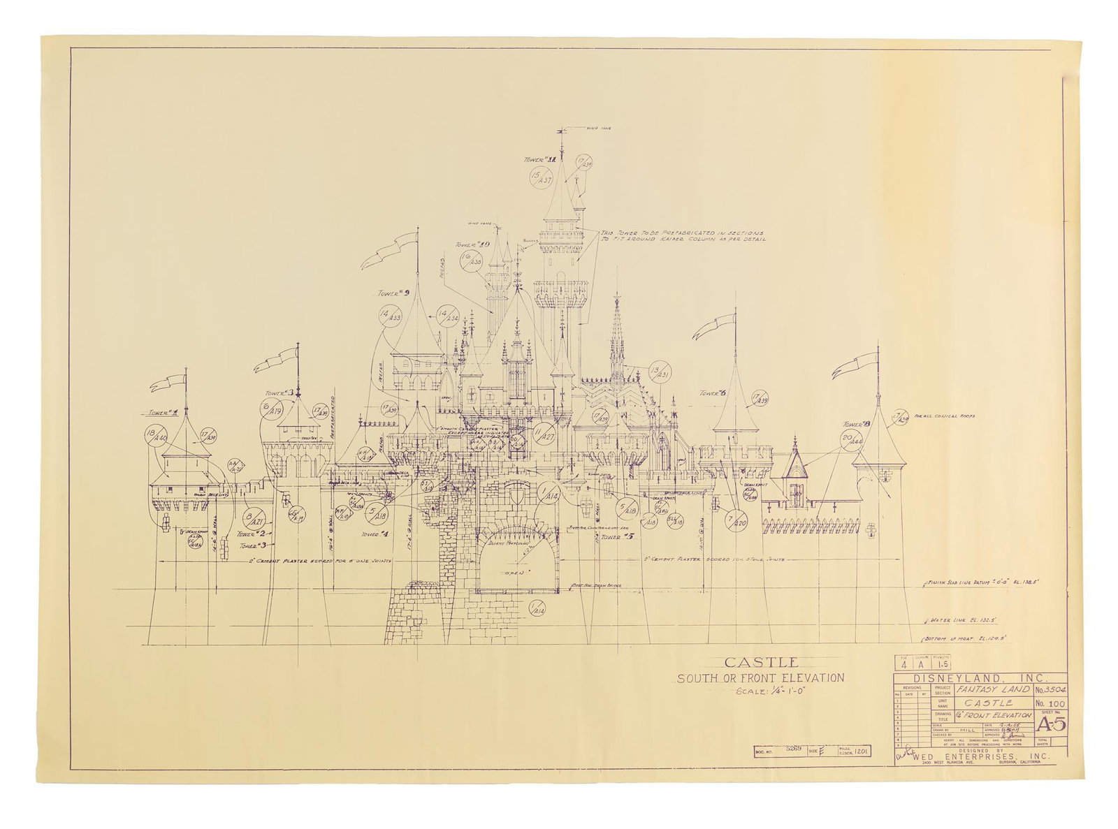 Disney | Fantasyland Castle Blueprint Copy: A commercially available blueprint copy of the Fantasyland Castle (Sleeping Beauty's Castle) featured at the center of Main Street at Disneyland. Rolled: 31.75 x 2 inches PROVENANCE From the