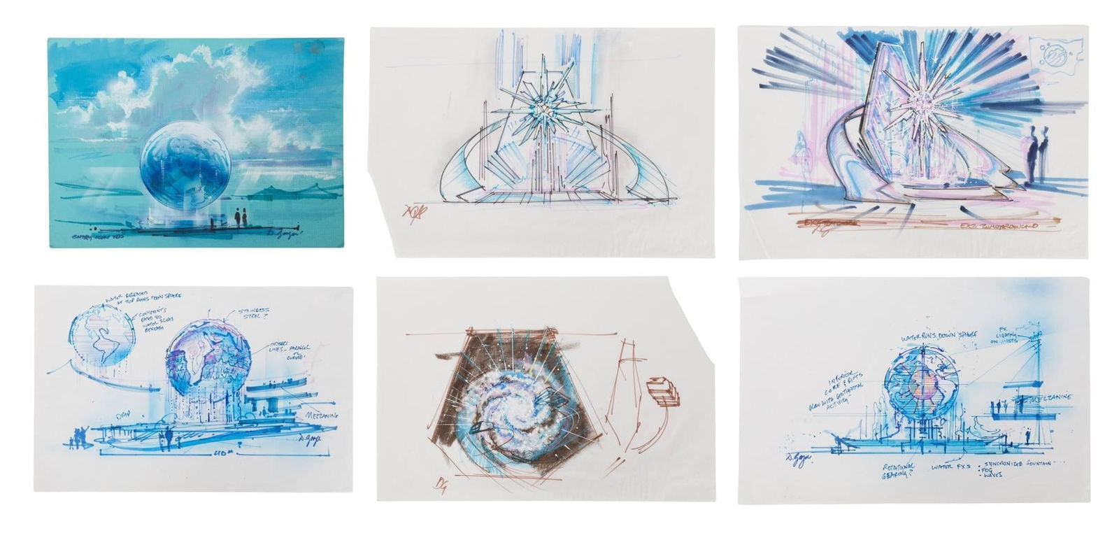 WestCOT | Signed "World Fountain" Concept Art with Detail Sketches (5): An original gouache on board concept illustration for the proposed World Fountain that was to be a centerpiece of WestCOT, signed by artist Dan Goozee to the bottom right. Together with five prelimina