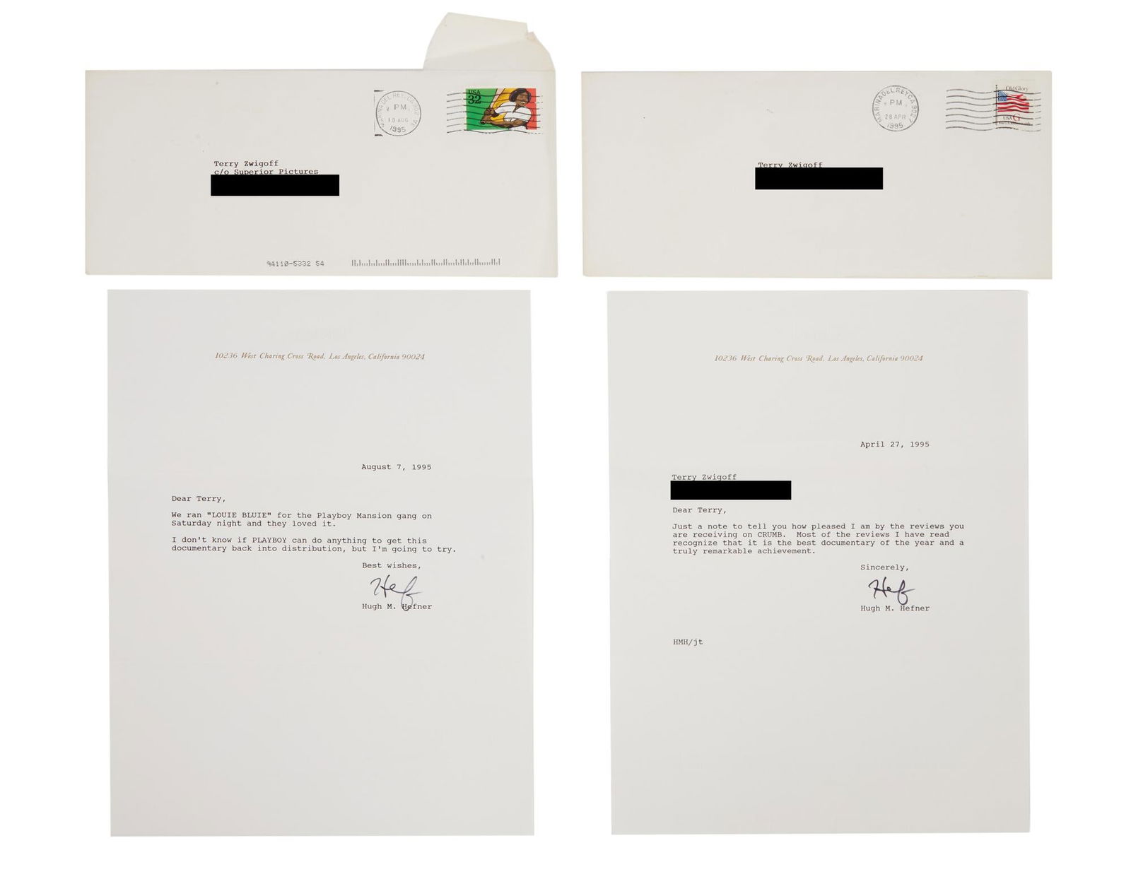 Hugh Hefner | Signed Letters to Terry Zwigoff Regarding "Crumb" (1 of 3)