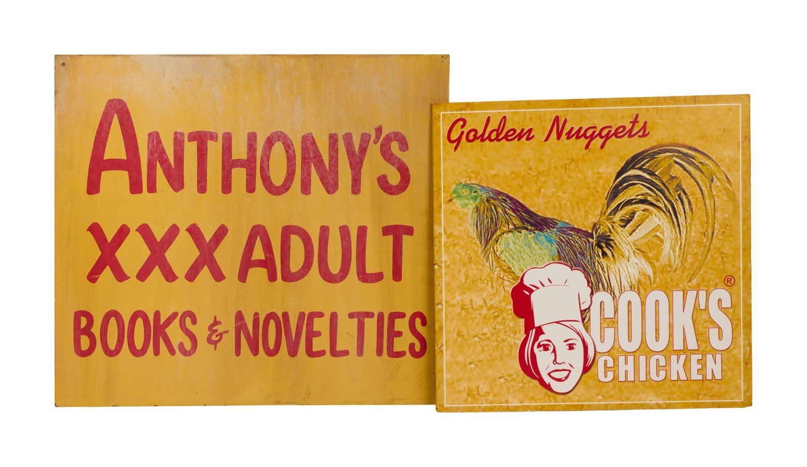 Ghost World | "Anthony's XXX Adult Books & Novelties" and "Cook's Chicken" Set Dressing Signs: Two original signs used as set dressing in the Terry Zwigoff-directed cult classic Ghost World (United Artists/MGM, 2001). One is for "Anthony's XXX Adult Books & Novelties