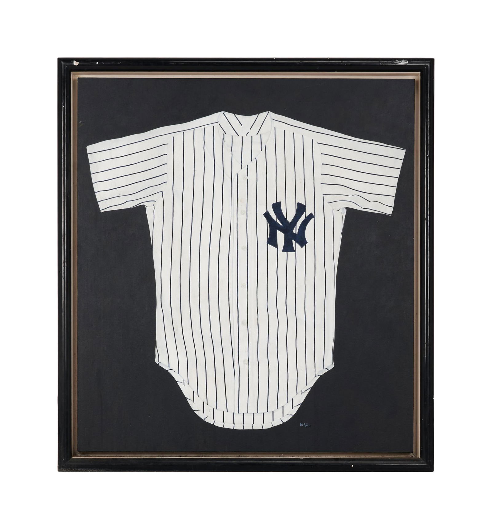 Seinfeld | Large Painting Used as Set Dressing: NBC Television, 1989-1998; a large work, oil on canvas, depicting a hyper-realistic image of a New York Yankees baseball jersey set against a black background, signed in the lower right corner "M