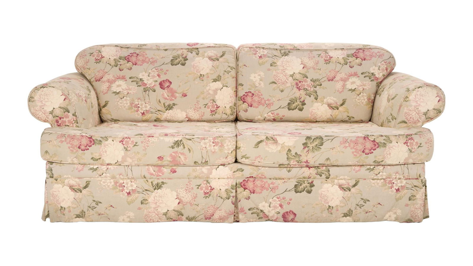 Reba | Sofa from the Main Set: The WB Television, 2001-2006; a traditional sofa with a neutral tone floral upholstery; this piece was the focal point of the main set in the sitcom starring country singer Reba McEntire, and was seen