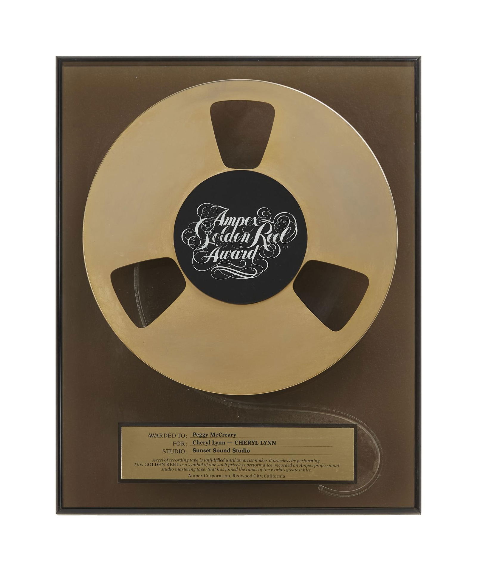 Joe Walsh | Peggy McCreary's Ampex Golden Reel Award for Cheryl Lynn's Self-Titled 1978 Album (1 of 1)