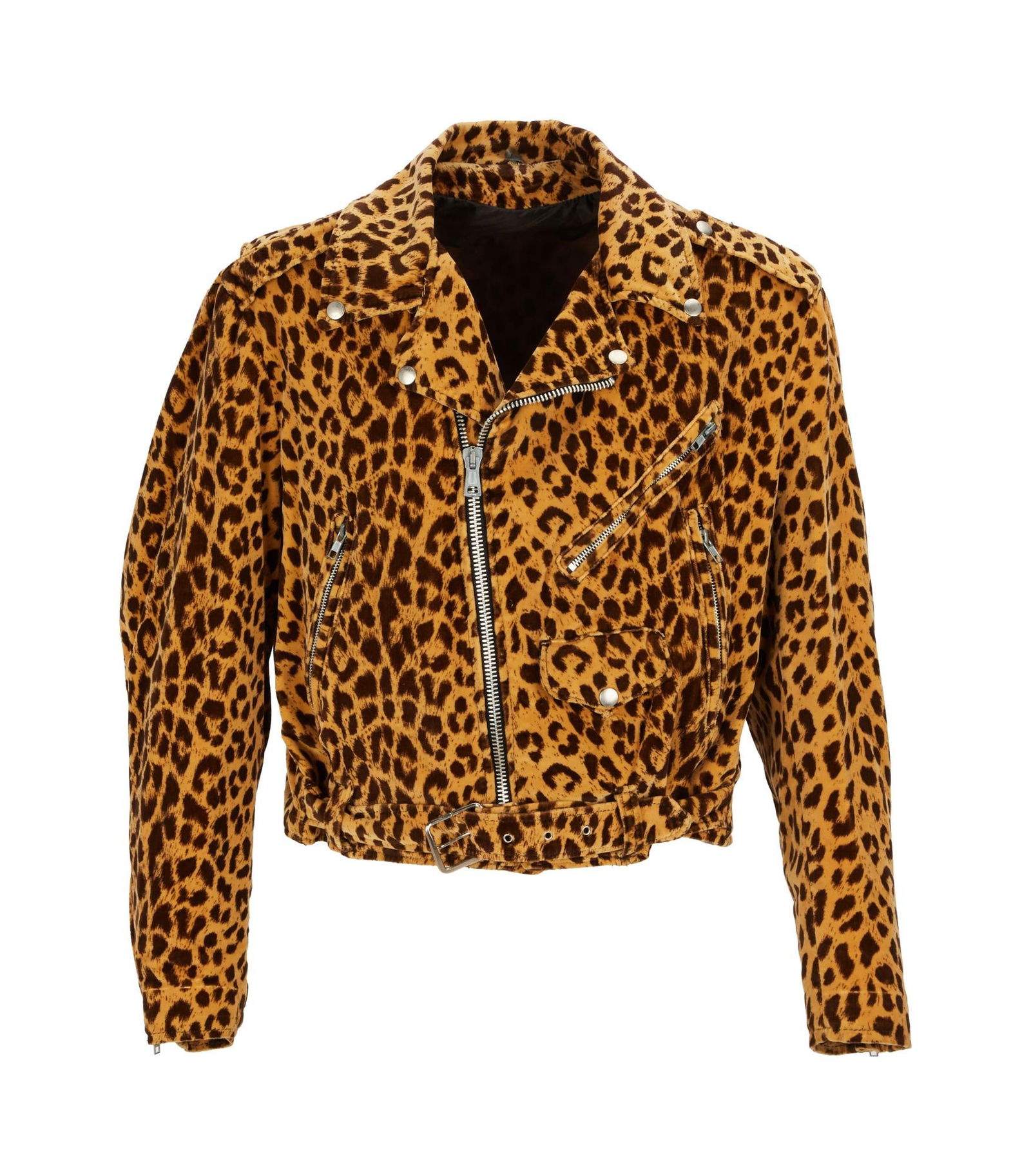 Joe Walsh | 1980's "Ringo Starr and his All-Starr Band" Stage-Worn Moto Jacket: A tan and black leopard print moto-style jacket, stage-worn by Joe Walsh while performing with "Ringo Starr and his All-Star Band" c. 1980s. The velour zip-up jacket features silver-to