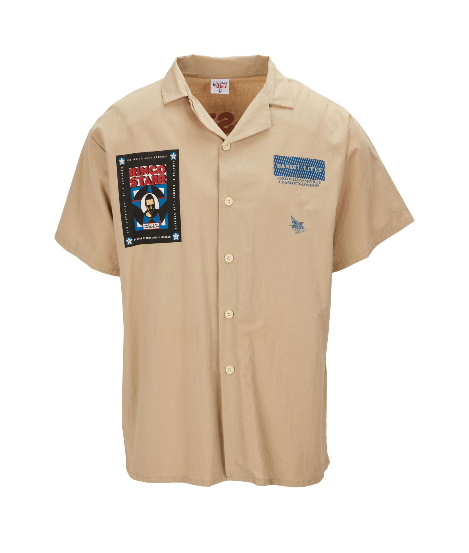 Joe Walsh | Ringo Starr "All Starr Bowling Team" Shirt: A tan, short-sleeved button-down shirt with "Ringo Starr and His All Starr Band" and "Bandit Lites - Knoxville-Nashville-Charlotte-London" graphics on the front, as well as an &quo