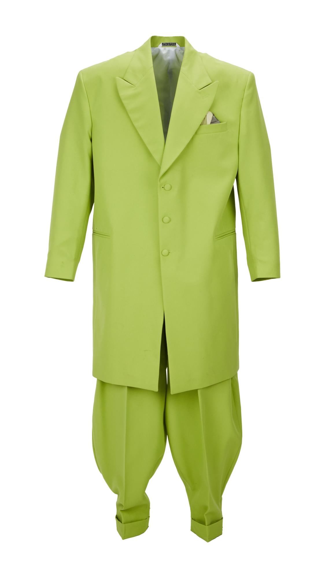 Joe Walsh I "Zoots" Lime Green Suit: An oversized lime green, two-piece suit including a long single-vent suit jacket with a single breast pocket with a silk handkerchief, two front pockets, a single interior pocket, and fabric covered b