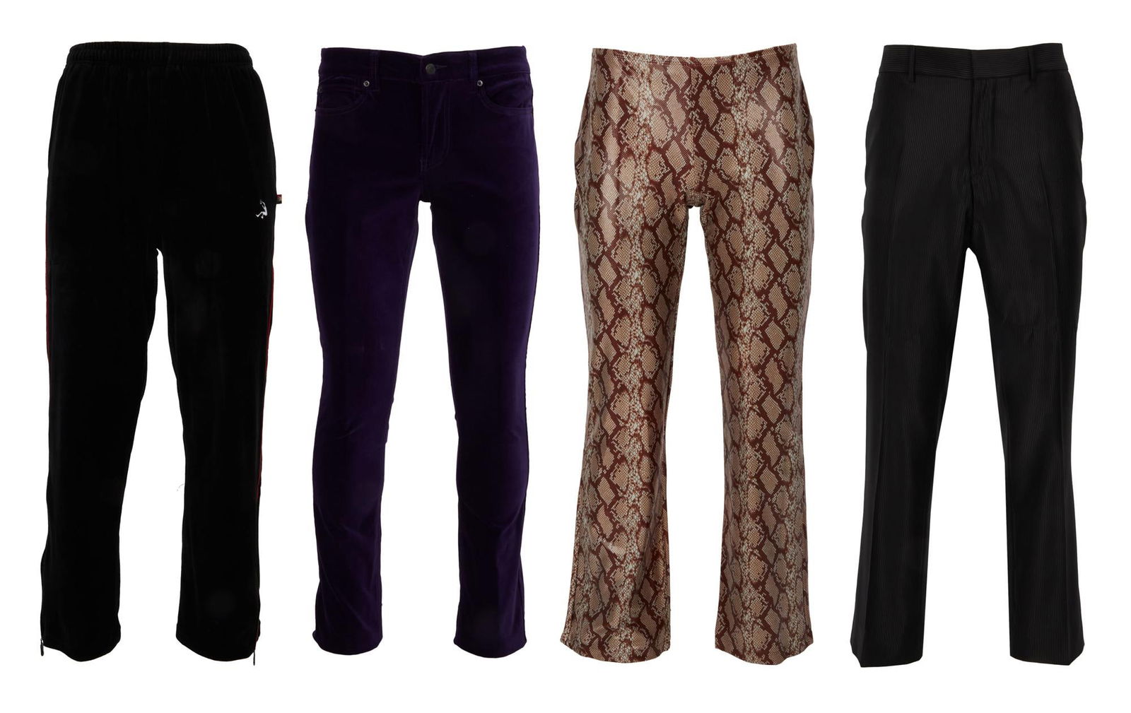 Joe Walsh | Roberto Cavalli and Additional Pants: Four pairs of casual and dress pants including a pair of black striped Roberto Cavalli, straight-leg dress pants, size 52; a pair of purple velour, straight-leg pants, labeled "Needle," size