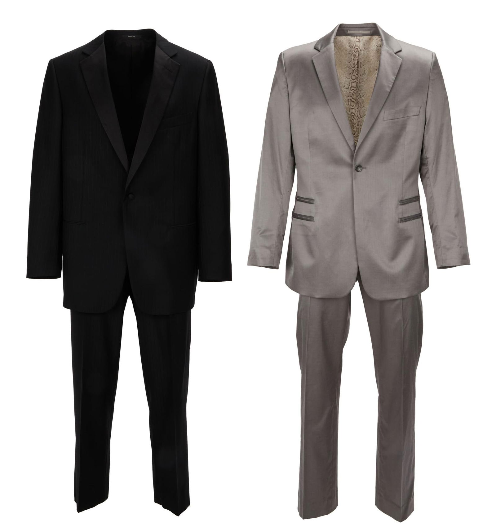 Joe Walsh | Roberto Cavalli and Additional Suit: Two designer suits including a silver cotton-blend suit with a faux snakeskin interior lining, labeled "Just Cavalli," size 54; and a black wool striped suit with a rayon lapel and fabric-co