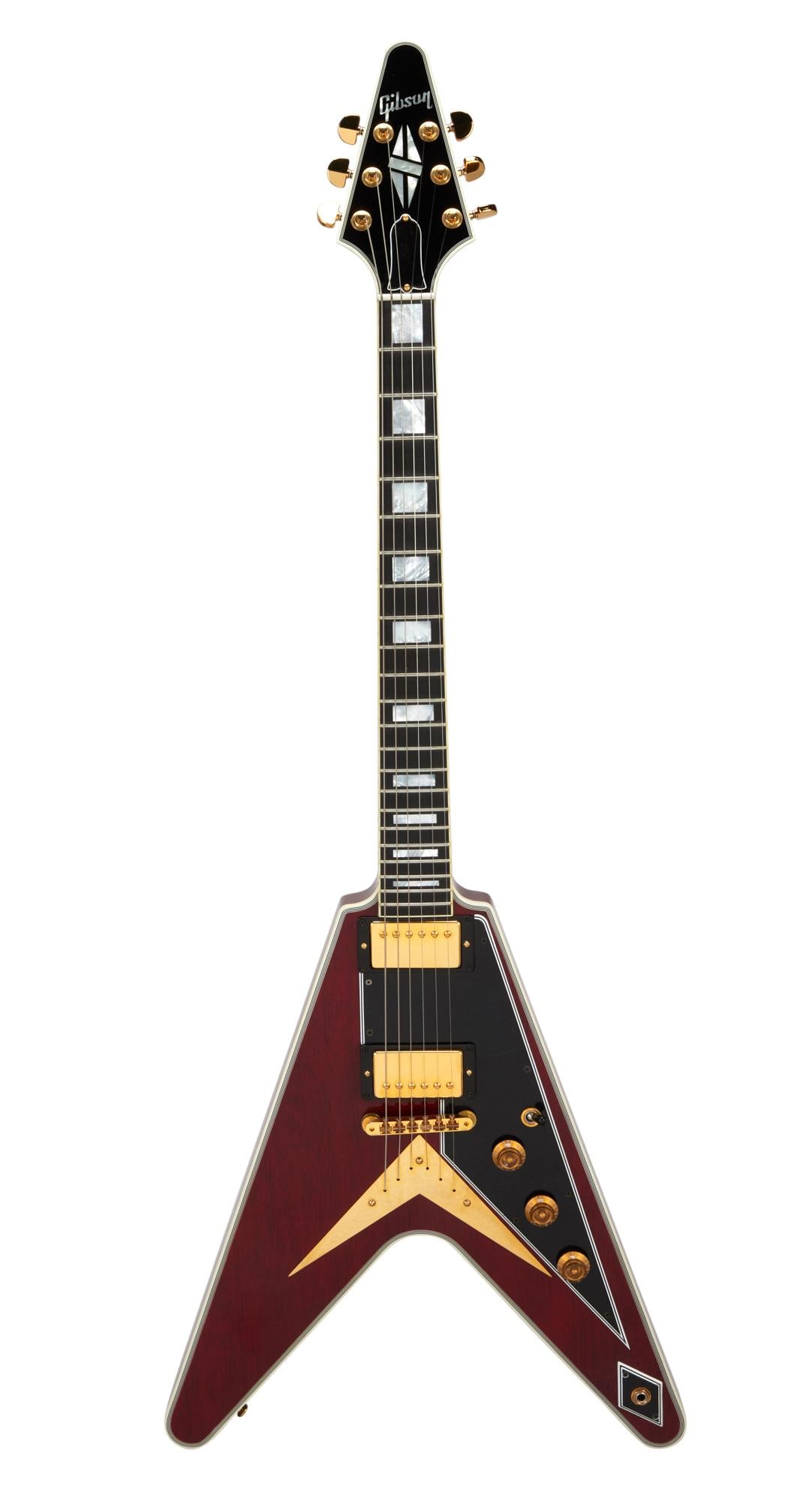 Joe Walsh | Gibson Custom Shop Flying V, Cherry: A 2016 Gibson Custom Shop Flying V Custom electric guitar, serial #CS 600767, in Cherry finish. A 24.75 inch scale length mahogany neck with a bound 22 fret richlite fretboard with mother of pea
