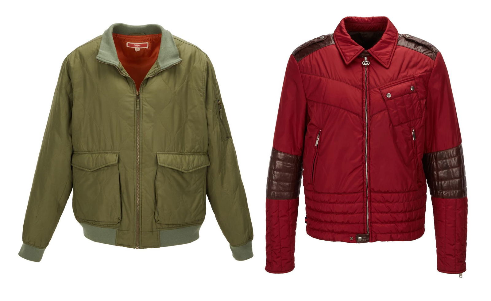 Joe Walsh | Gucci and Additional Bomber Jacket: Two bomber jackets including an olive green nylon jacket with ribbed trim, two front pockets, and an orange interior lining, labeled "Mossimo," size XL; and a burgundy nylon jacket with blac