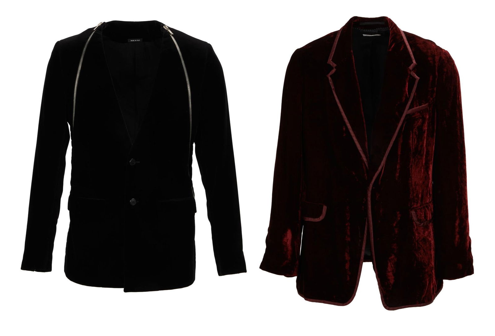 Joe Walsh | Givenchy and Dries Van Noten Velour Blazers: Two velour blazers including a black velour blazer with two angled silver-tone zipper details on each side, as well as two back vents, labeled "Givenchy," size 52; and a burgundy blazer with