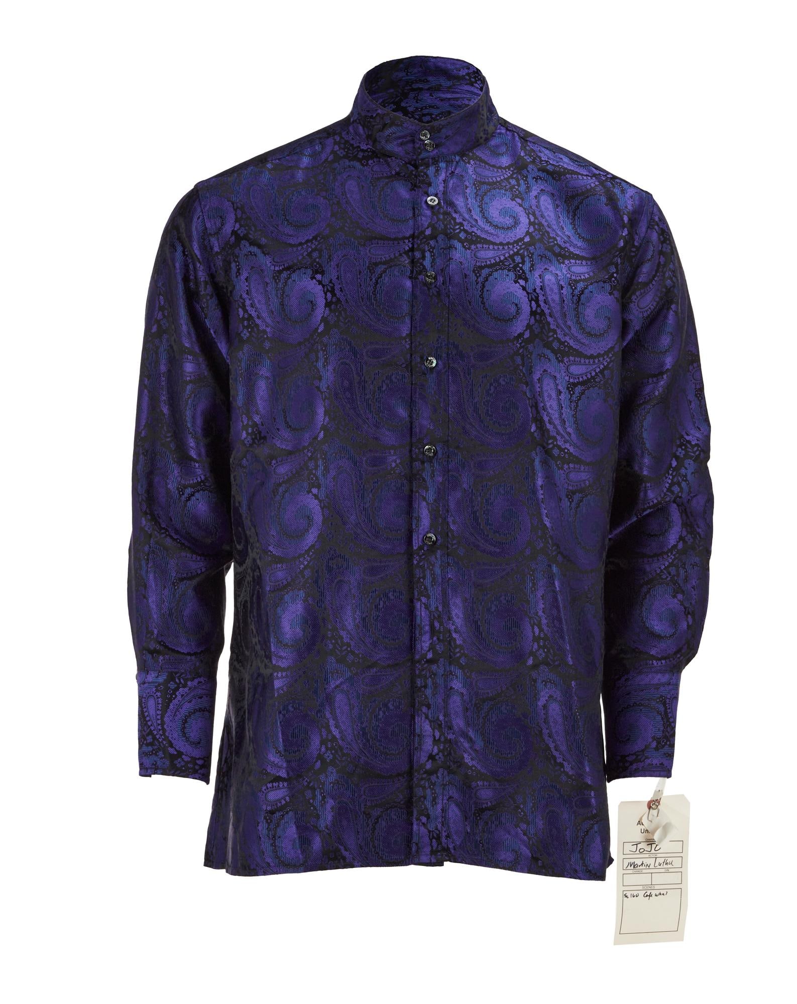 Across the Universe | Jo-Jo (Martin Luther) Purple Shirt: A shirt worn by Martin Luther McCoy in the Beatles jukebox musican Across the Universe (Columbia, 2007). The shirt, made by Gucci, is purple and black damask with an intricate embroidered paisley patt