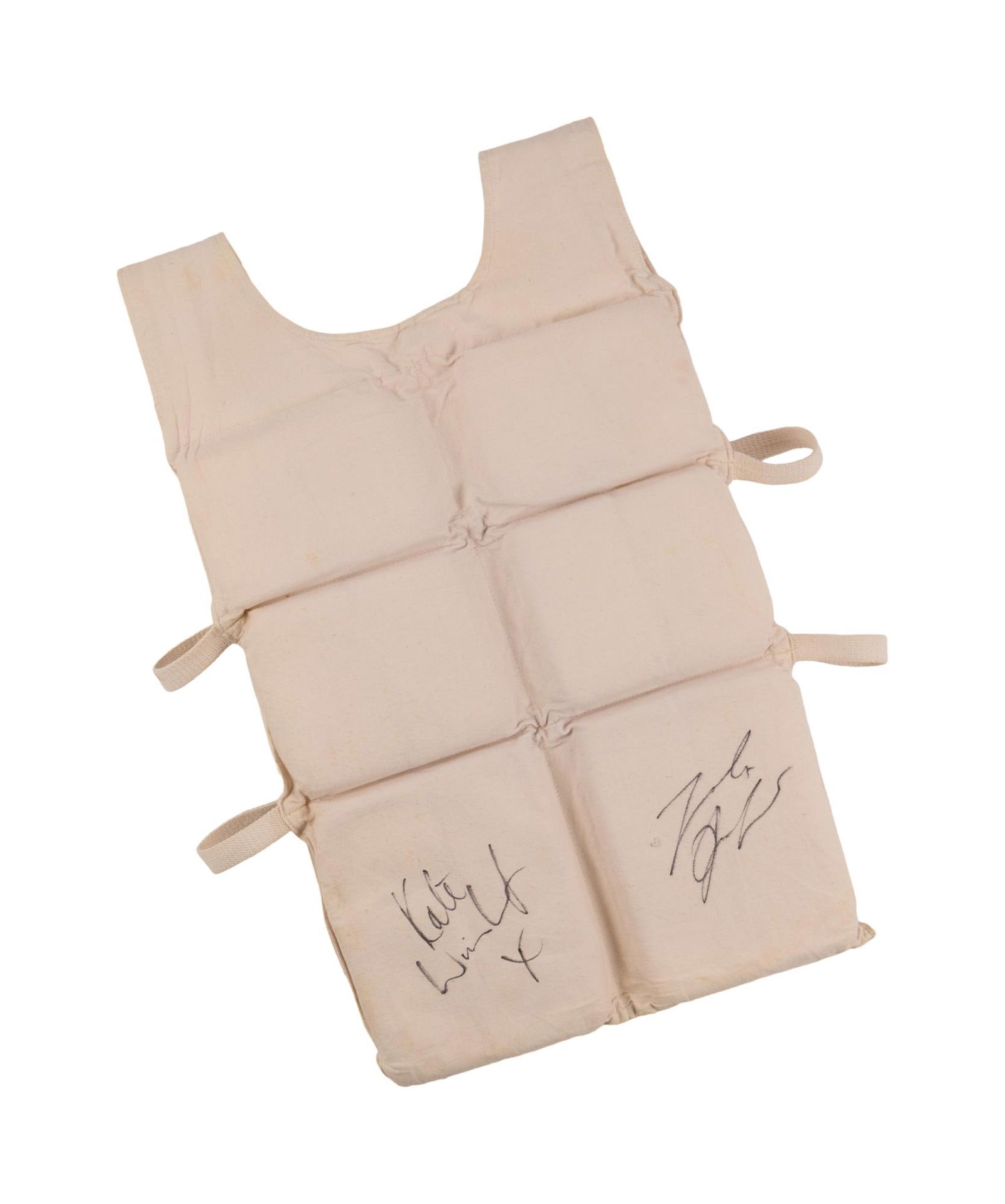 Titanic | Production-Made Life Vest Prop Signed by Leonardo DiCaprio and Kate Winslet: A production-made life vest prop from the James Cameron-directed film Titanic (20th Century Fox, 1997), signed by both of the film's stars - Leonardo DiCaprio and Kate Winslet. Thi