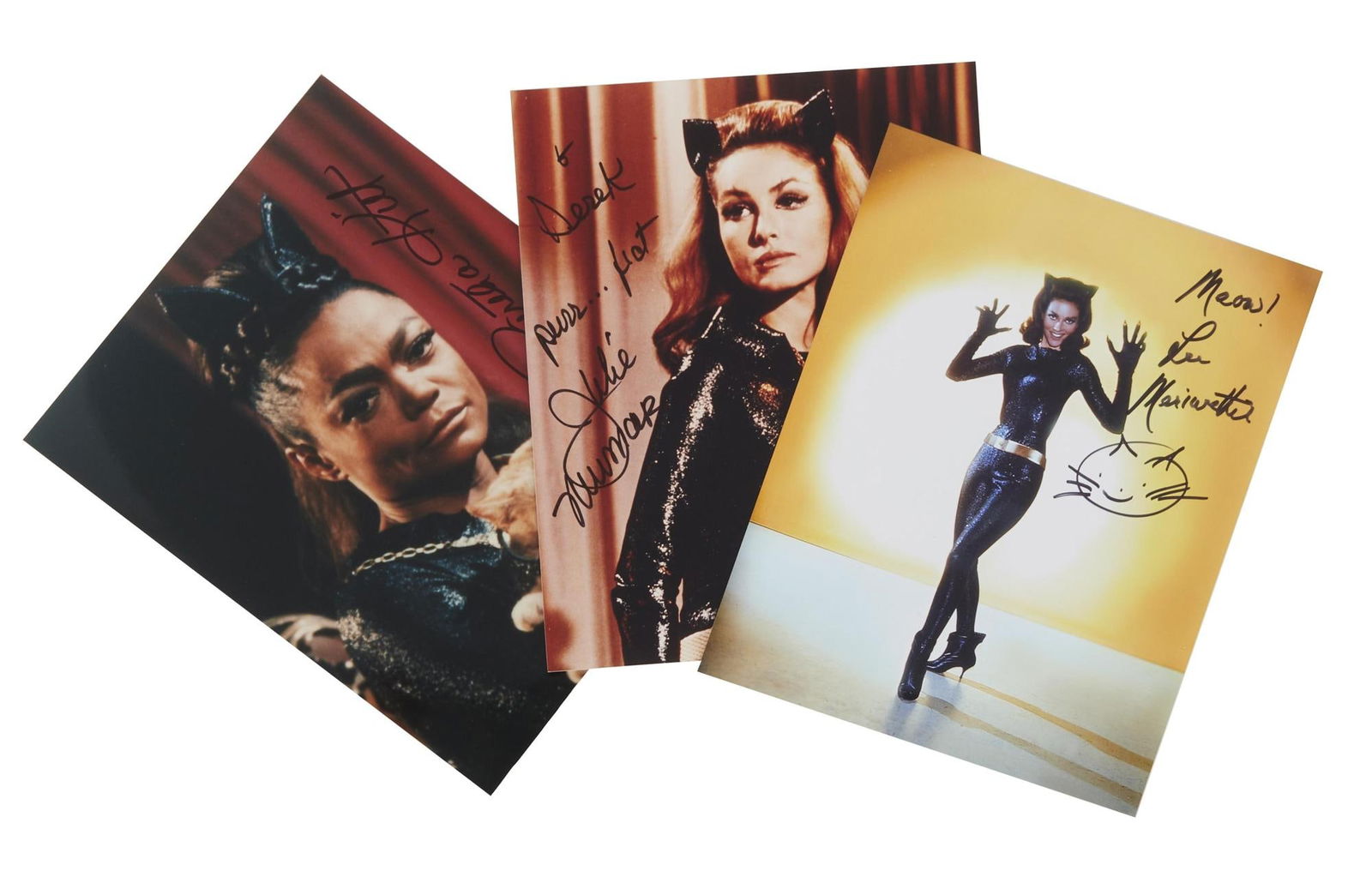 Batman | Catwoman Signed Photos by Julie Newmar, Lee Meriwether, and Eartha Kitt: A group of three color photographs signed by the three different actors who portrayed the iconic villain The Catwoman on the series Batman (ABC, 1966-68) and in the film Batman: Th