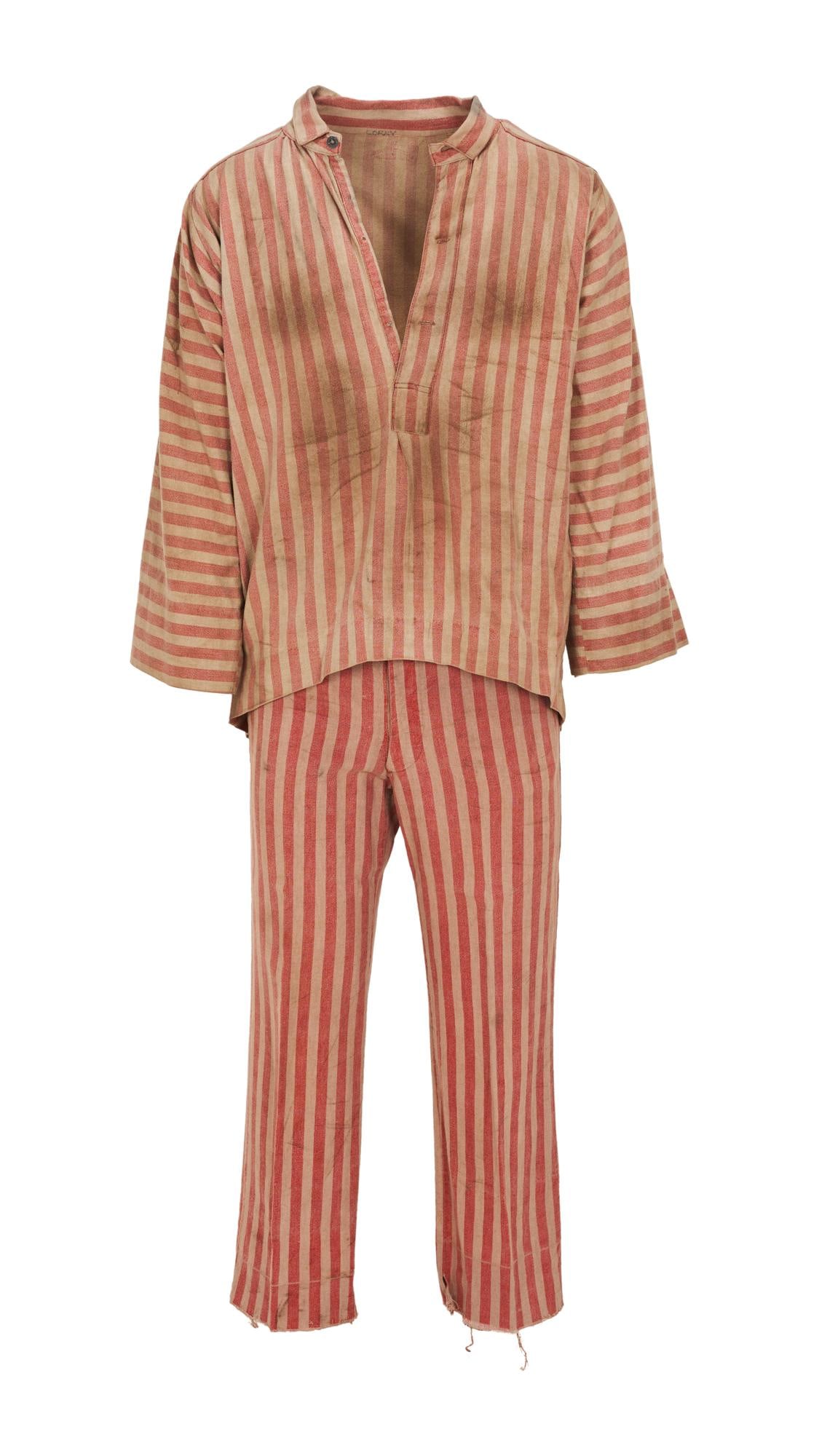 Papillion | Louis Dega (Dustin Hoffman) Prisoner Ensemble: Allied Artists 1973; a two-piece outfit; the top made of a heavy tan and red striped cotton; the matching trousers with a Western Costume Co. label reading in part "No. 2193 / Dustin Hoffman"