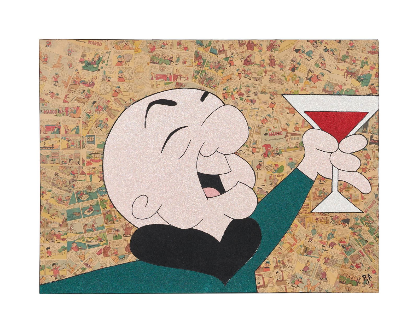 Mr. Magoo | Artwork: An original artwork depicting the lovable, near-sighted cartoon character Mr. Magoo. The character is realized in glittery paint against a collage backdrop of clippings from the Mr. Magoo comic strip.