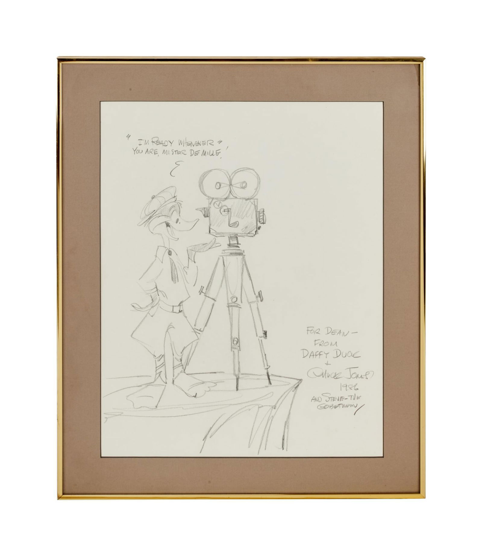Looney Tunes | Chuck Jones Inscribed Artwork: An original hand-drawn sketch by animator Chuck Jones of Daffy Duck standing at a camera, completed for Dean Cundey. The artwork is inscribed, "I'm ready whenever you are, Mister DeMill