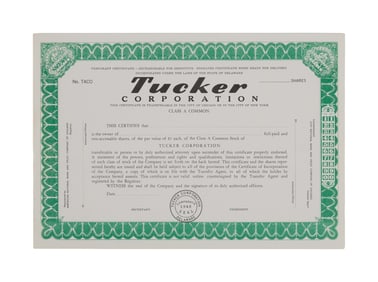 Tucker: The Man and His Dream | Tucker Corporation Stock Certificate Prop