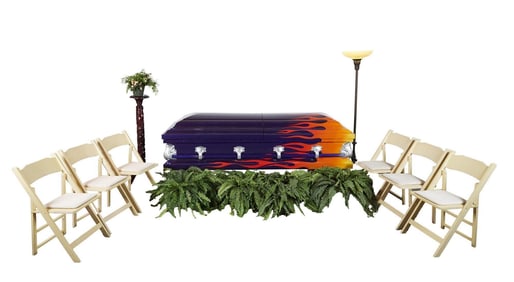 Six Feet Under | Biker Casket, Torchiere Floor Lamp, Funeral Folding Chairs