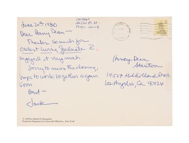Harry Dean Stanton | Jack Hofsiss Handwritten and Signed Postcard