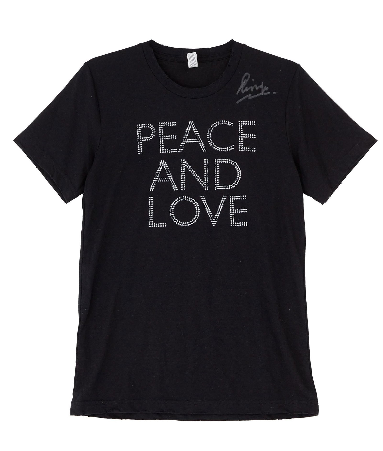 Ringo Starr | Signed T-Shirt: A black cotton t-shirt embellished with "Peace And Love" on the front, signed by Ringo Starr in white marker. Size S. 100% of the proceeds from this sale will benefit MusiCares. S