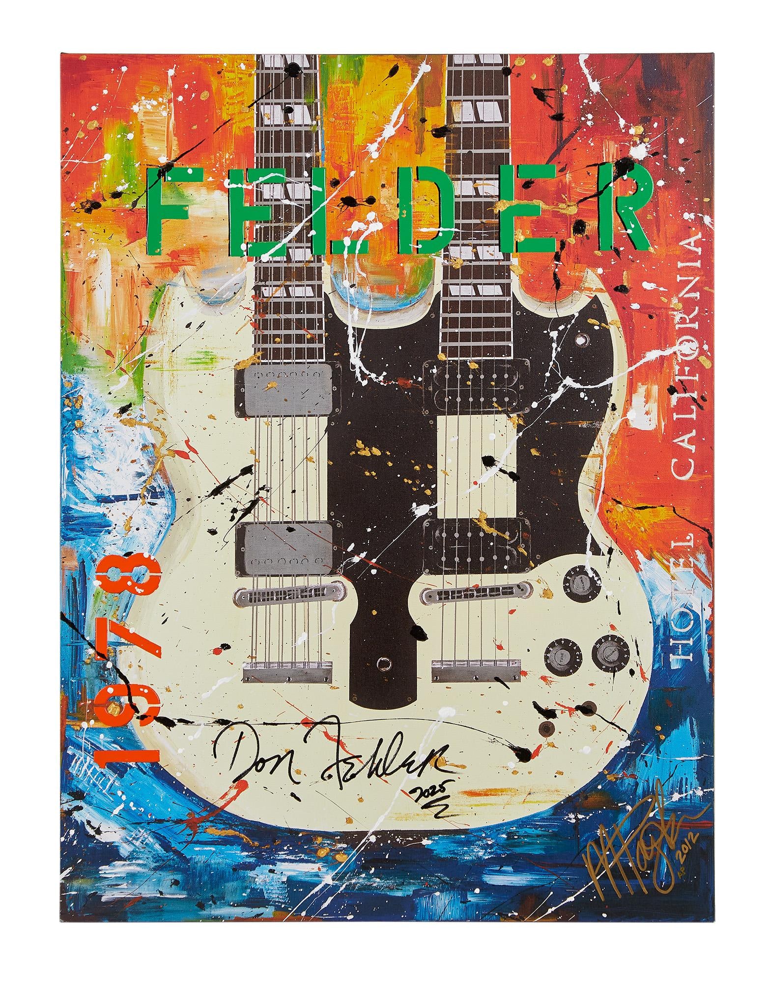 The Eagles | Don Felder Signed "Hotel California" Painting with Photos: An acrylic on canvas artwork featuring a Gibson Double-Neck guitar with the title "Hotel California," signed by former Eagles guitarist, Don Felder on the front. Signed and dated by artist M