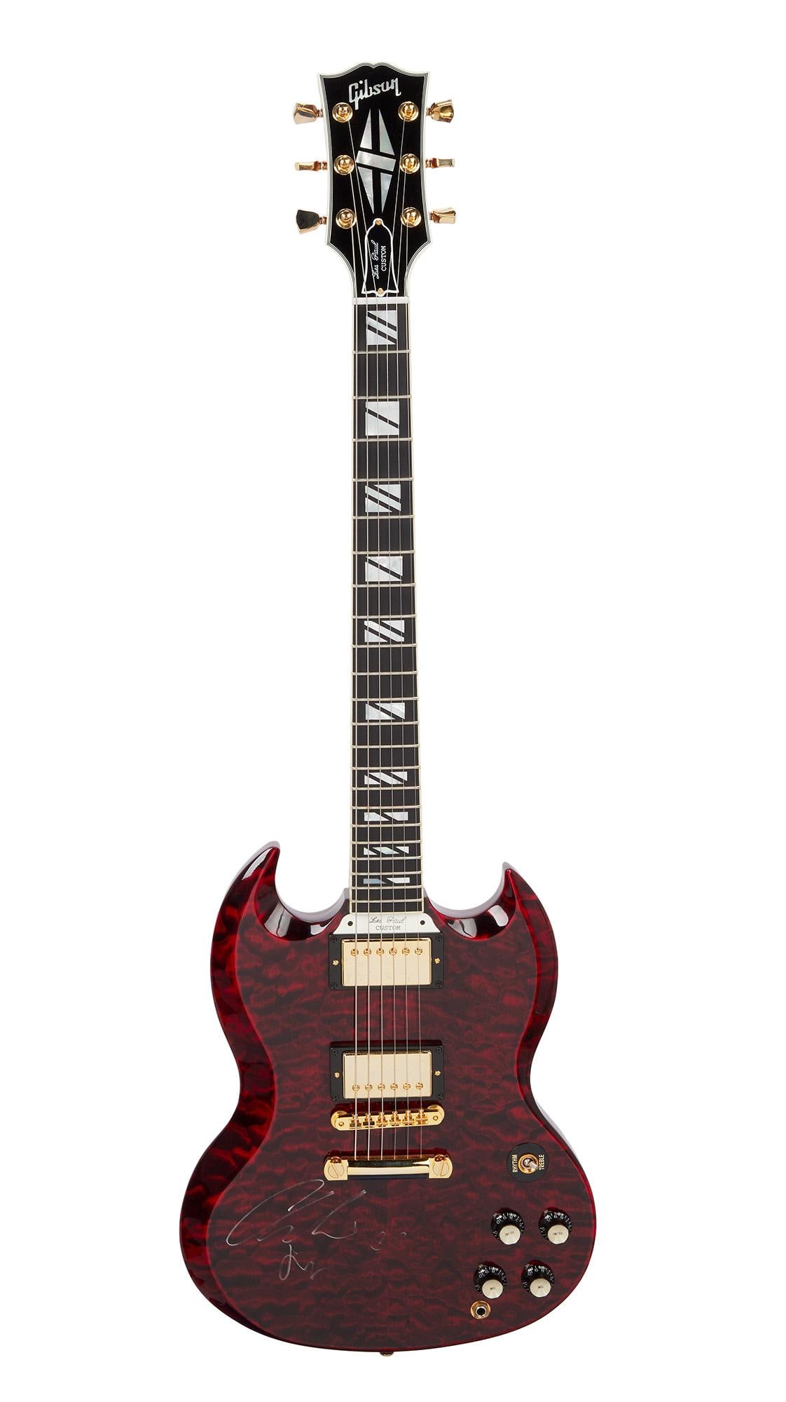 Charli XCX | Signed Gibson SG Q Electric Guitar, Fire Tiger: A 2013 Gibson Custom Shop SG Q electric guitar, serial #CS301661, in Fire Tiger finish. The guitar has been signed by British pop singer Charli XCX on the top in silver felt tip pen. The SG Q features