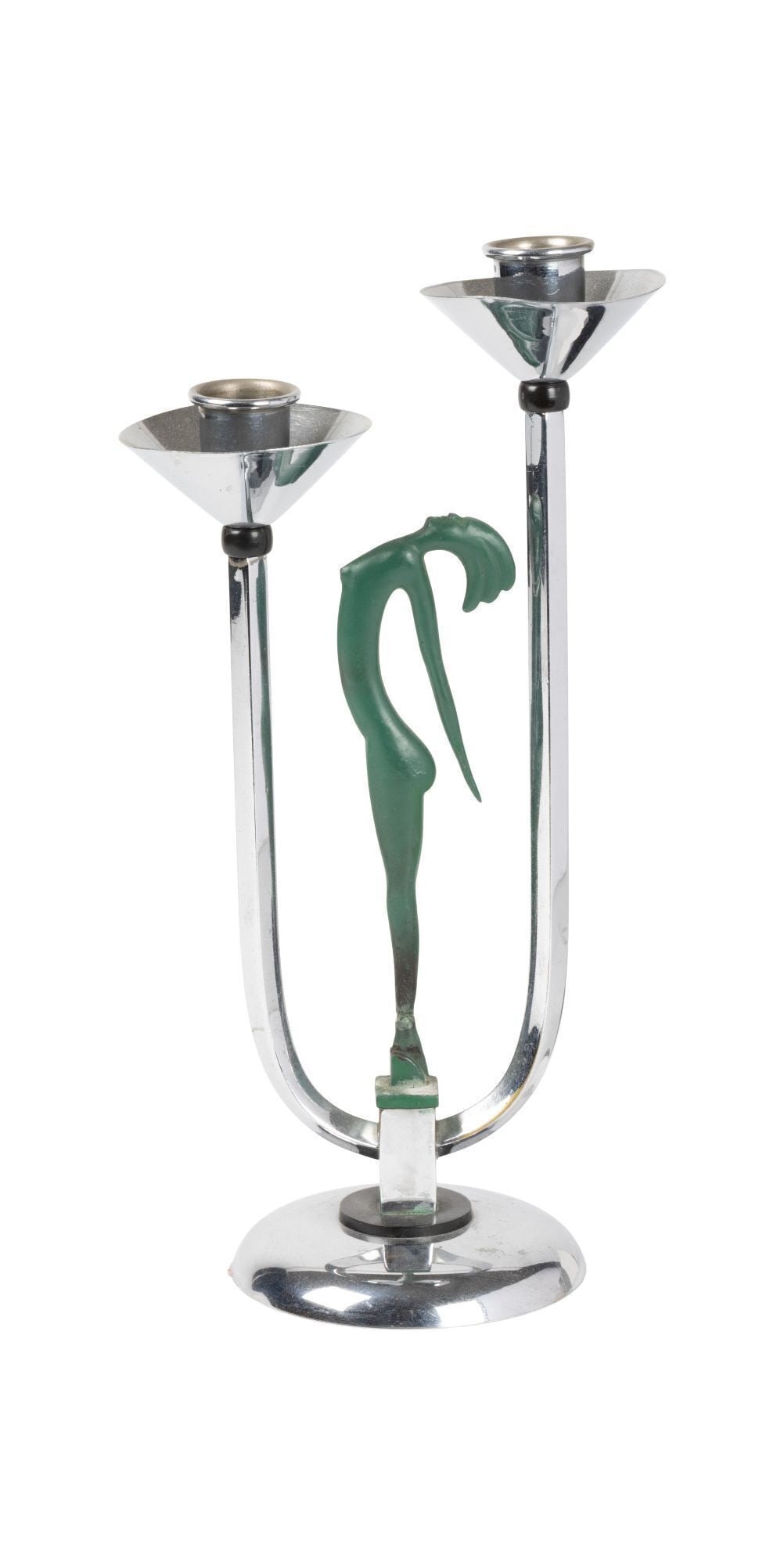 Whoopi Goldberg | Hagenauer Art Deco Two-Light Candle Holder: An Art Deco chrome two-light candleholder with a patinated bronze figure designed by Werkstatte Hagenauer. 12 inches high x 6 inches diameter From the Collection of Whoopi Goldberg