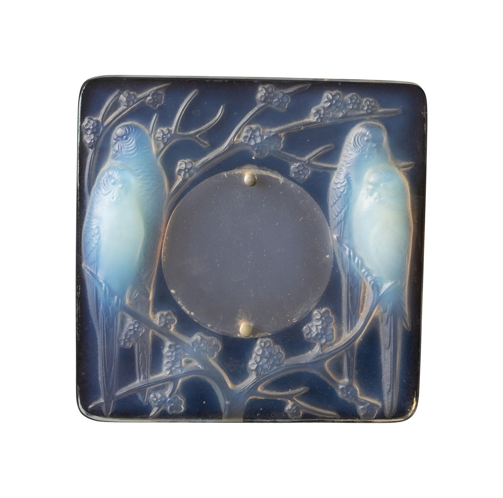Whoopi Goldberg | Rene Lalique Quatre Perruches Picture Frame: An R. Lalique opalescent pressed and molded glass picture frame with metal backing and stand, decorated with lovebirds and prunus blossoms, originally designed in 1926 and named "Quatre Perruches" or