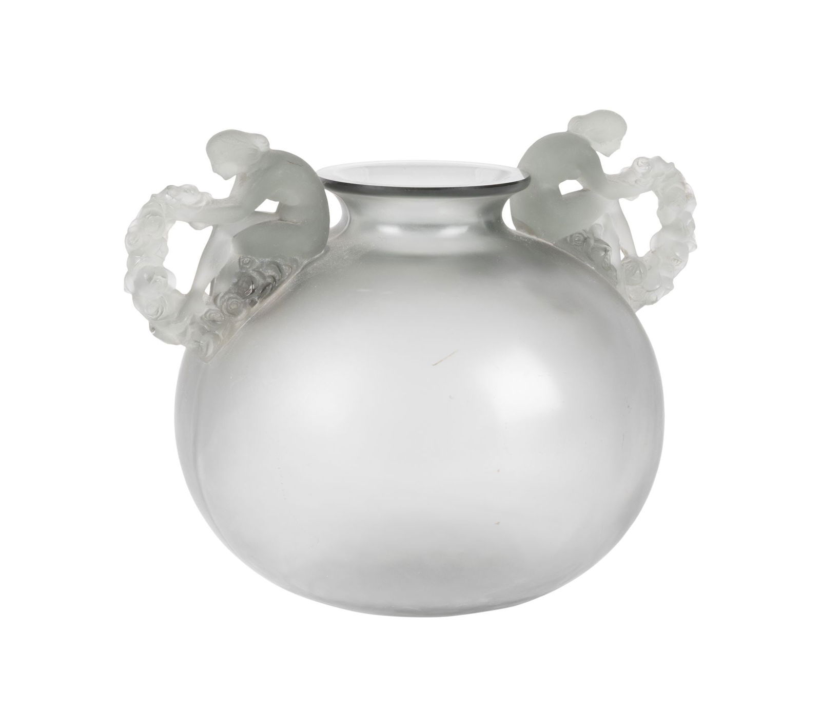 Whoopi Goldberg | R. Lalique Smoky Topaz Bouchardon Vase: An R. Lalique Smoky Topaz frosted molded glass vase with double handles in the form of maidens holding garlands, originally designed in 1926. With embossed and engraved "R. Lalique" marks. LITERATURE: