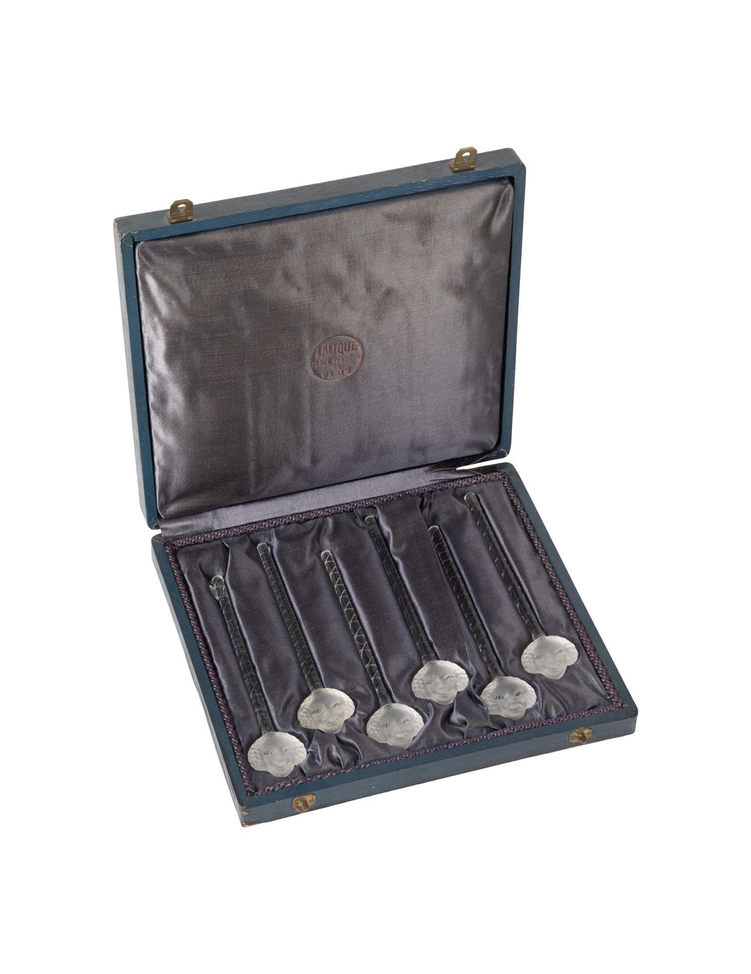 Whoopi Goldberg | Lalique Six Barr Swizzle Sticks in Original Box: A set of six clear and frosted glass swizzle sticks in fitted box, originally designed circa 1932. With embossed block "Lalique" mark. LITERATURE: Marcilhac no. 3893. Box 7 x 7.5 inches From the Colle