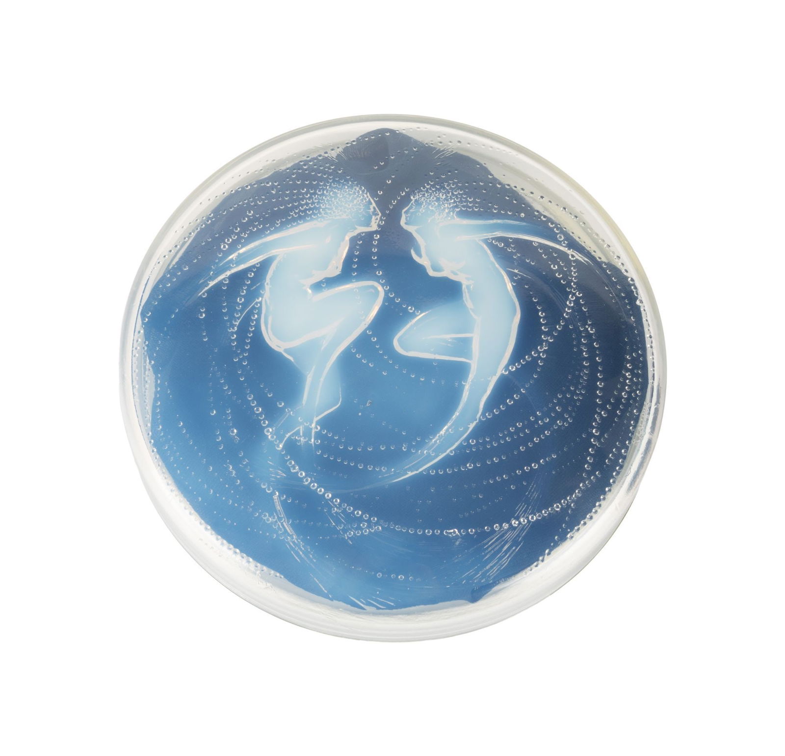 Whoopi Goldberg | R. Lalique Deux Sirenes Box: An R. Lalique opalescent pressed and molded glass round box decorated with swimming sea sirens, originally designed in 1921. With embossed block "R. Lalique" mark. LITERATURE: Marcilhac no. 43. 10 inc