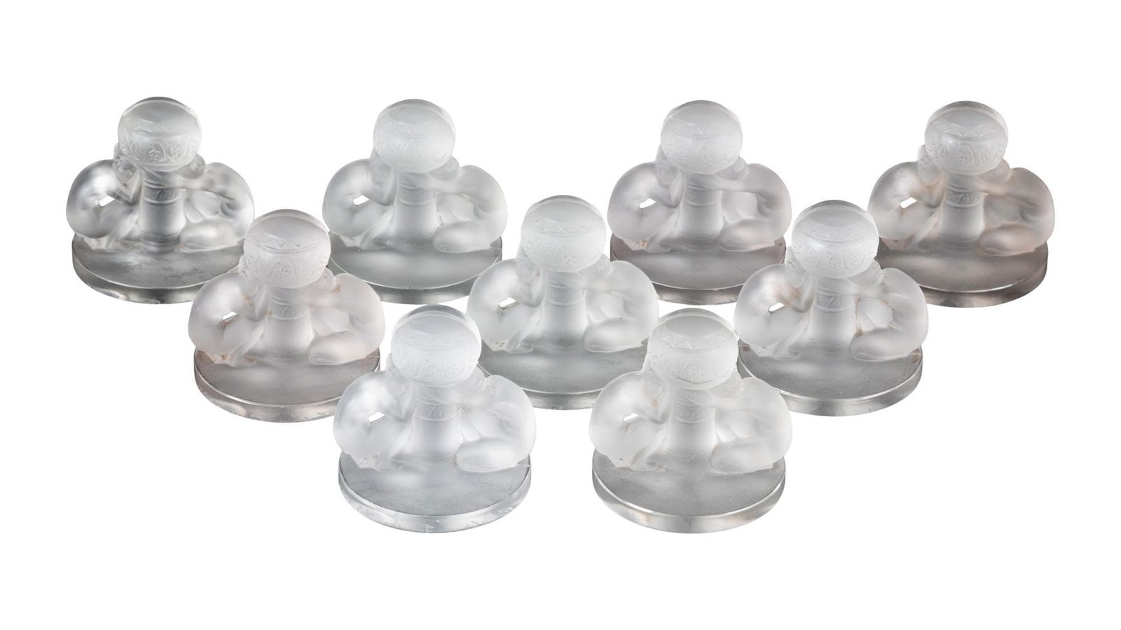 Whoopi Goldberg | R. Lalique 10 Menu Holders: A group of ten frosted molded glass menu holders, including nine in the "Deux Figurines" pattern and one in the "Pinsons" pattern, both originally designed in 1924. With engraved "R. Lalique" mark. LI