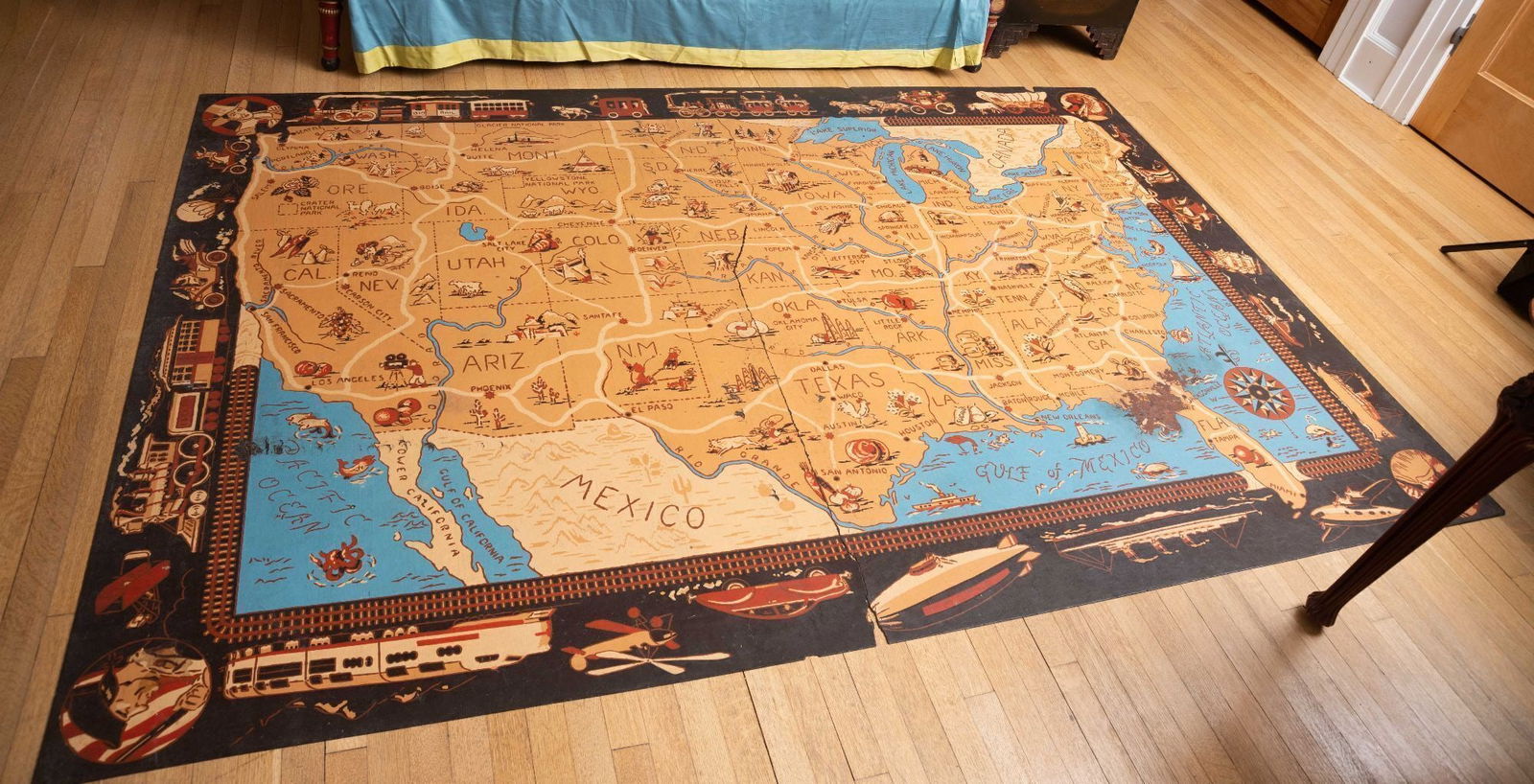 Whoopi Goldberg | Armstrong Vintage Linoleum United States Floor Mat: A vintage United States themed pictorial linoleum floor mat by Armstrong Flooring circa 1940. 74 x 109 inches From the Collection of Whoopi Goldberg