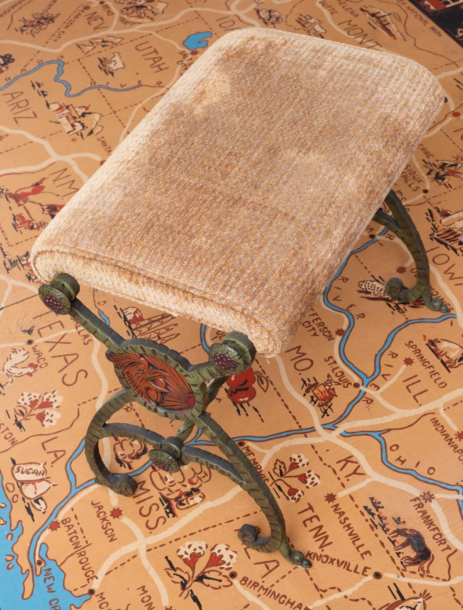 Whoopi Goldberg | Group of Five Cast Iron and Velvet Stools: Five vintage bench stools with upholstered seats and different iron bases. 20 x 23 x 14 inches From the Collection of Whoopi Goldberg