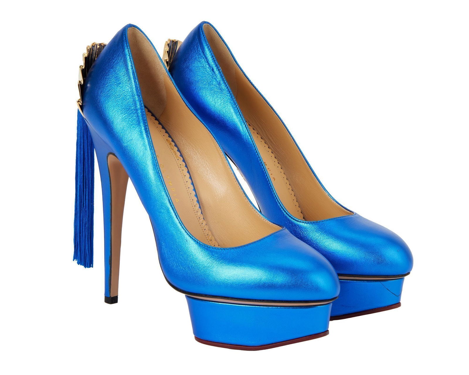 Whoopi Goldberg | 2000s "The View" Worn Charlotte Olympia Heels: A pair of sapphire blue satin platform stiletto heels with a gold metal fan accent and tassel to the heel. The high heels are branded "Charlotte Olympia," size 41. The heels were worn by Goldberg on T